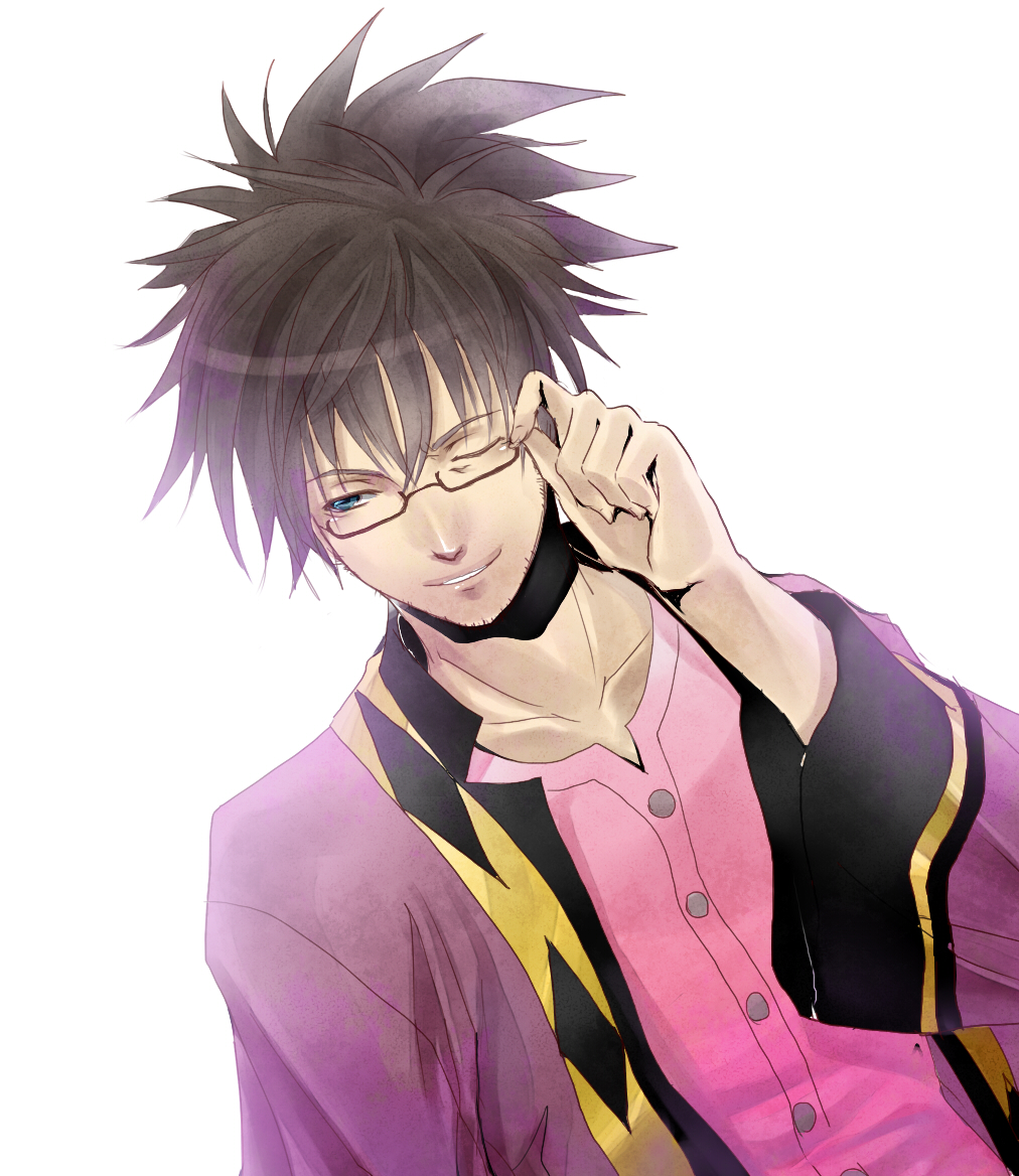tomose akiyoshi, raven (tales), tales of (series), tales of vesperia, 00s, 1boy, black hair, blue eyes, glasses, grin, male focus, one eye closed, ponytail, smile, solo, wink