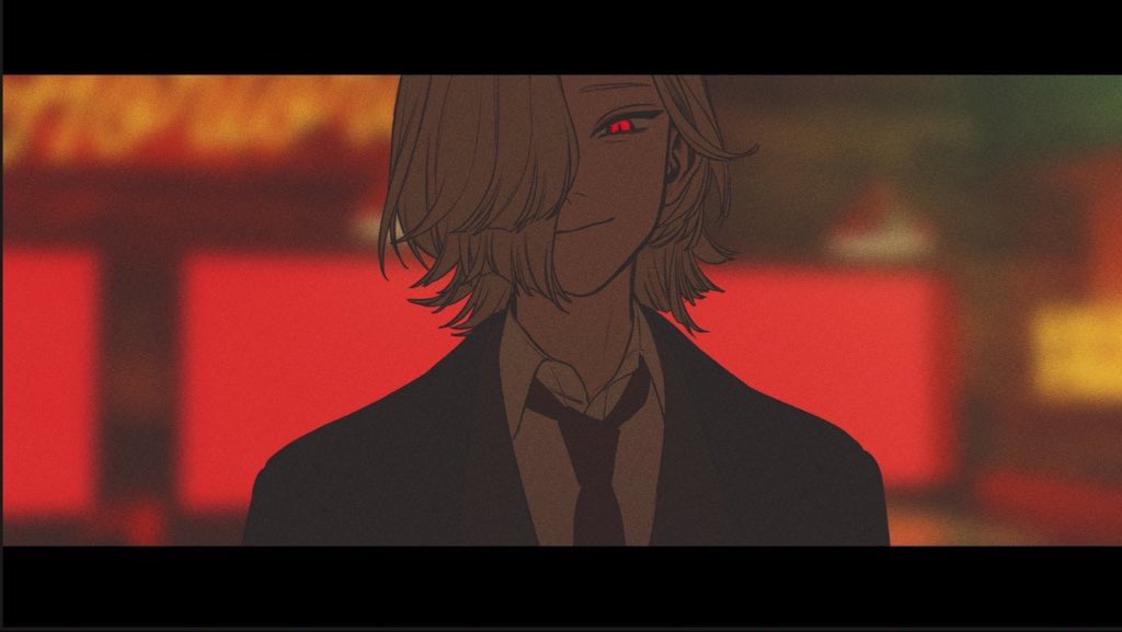 rit3set, copyright request, 1boy, blurry, blurry background, collared shirt, dress shirt, glowing, glowing eyes, hair over one eye, head tilt, jacket, male focus, medium hair, necktie, parted bangs, portrait, red eyes, shirt, slit pupils, smile, solo, wolf cut