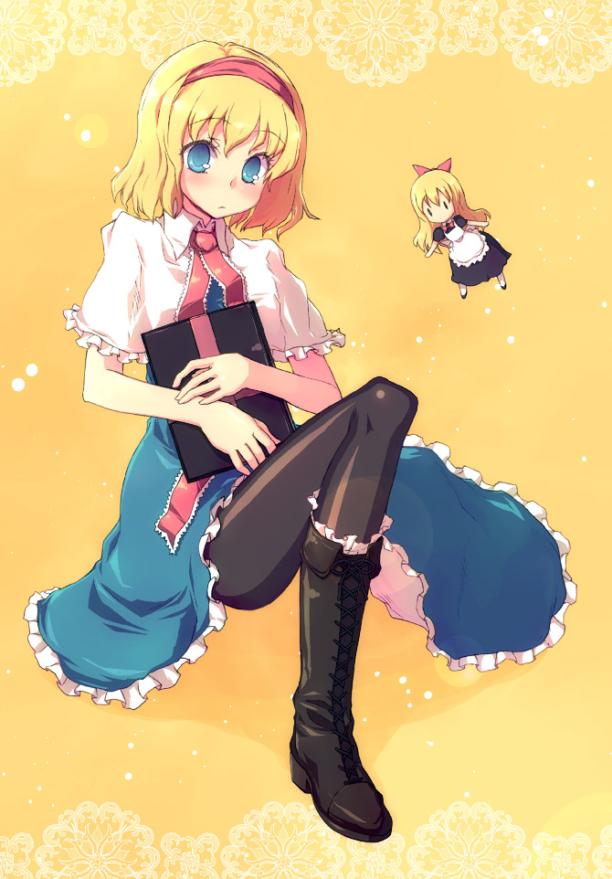 kimarin, alice margatroid, shanghai doll, touhou, 1girl, blue eyes, book, boots, female focus, pantyhose, solo