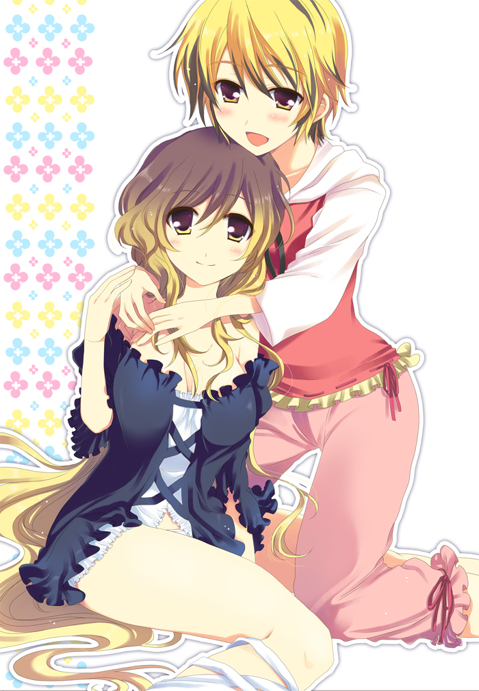 nakayama miyuki, hijiri byakuren, toramaru shou, touhou, bad id, bad pixiv id, 2girls, alternate costume, blonde hair, contemporary, female focus, gradient hair, hug, hug from behind, long hair, multicolored hair, multiple girls, short hair, yellow eyes