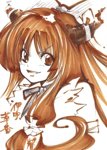 koyomiuta, ibuki suika, touhou, traditional media, 1girl, bow, female focus, hair bow, hair ribbon, horns, long hair, monochrome, ribbon, smile, solo