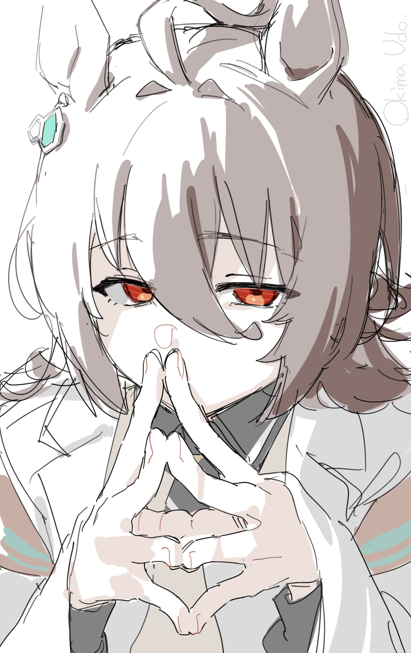 okima udo, agnes tachyon (tach-nology) (umamusume), agnes tachyon (umamusume), umamusume, commentary, highres, 1girl, ahoge, animal ears, chemical structure, covering own mouth, earrings, expressionless, hair between eyes, hands up, horse ears, horse girl, jewelry, lab coat, long hair, long sleeves, red eyes, simple background, single earring, solo, spot color, steepled fingers, white background