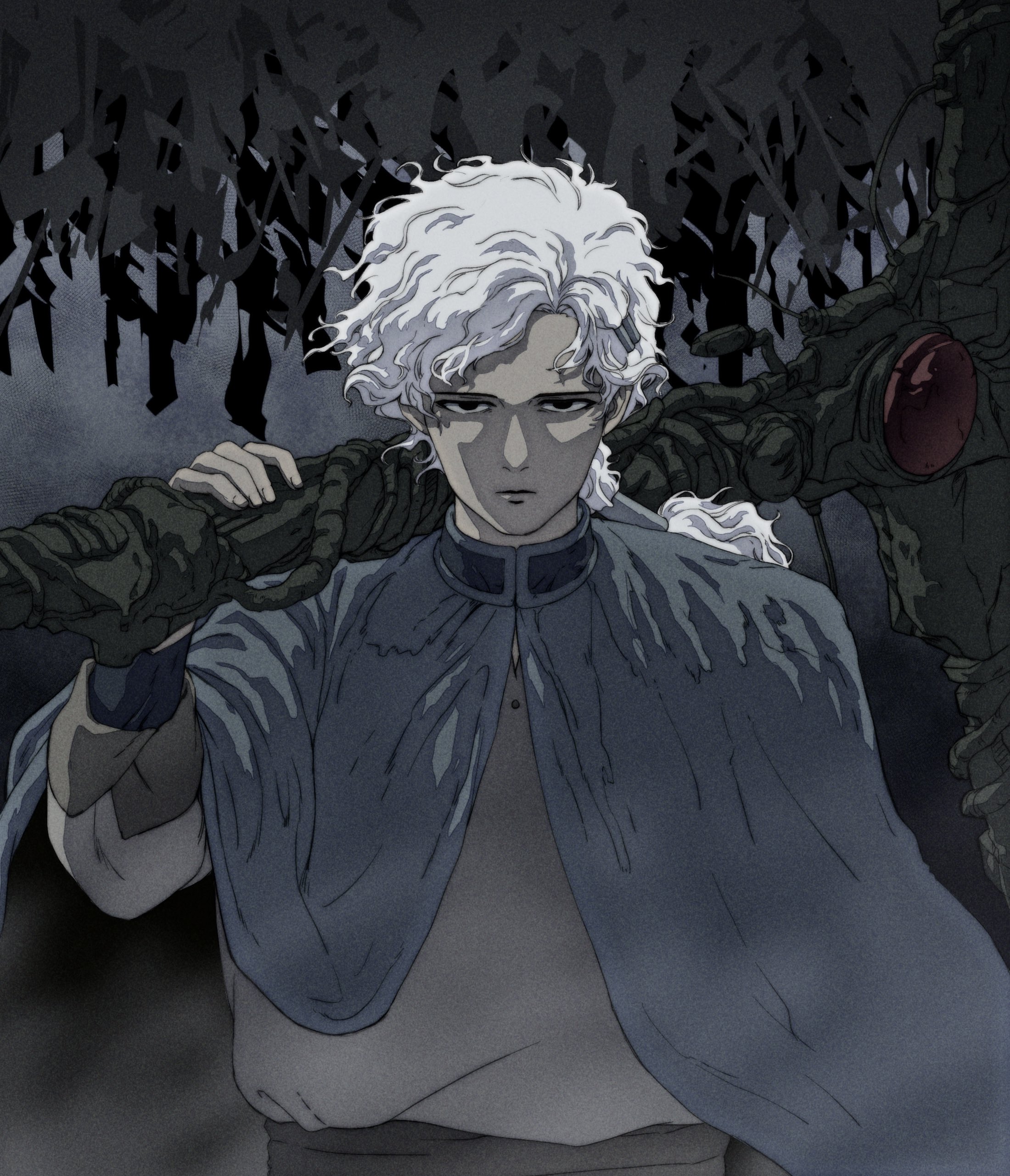 kono cigar, boy (tenshi no tamago), tenshi no tamago (anime), absurdres, commentary request, highres, 1boy, black eyes, blue cloak, cloak, expressionless, grey background, grey tunic, holding, holding weapon, long sleeves, looking at viewer, male focus, outdoors, over shoulder, ponytail, solo, tunic, upper body, weapon, weapon over shoulder, white hair