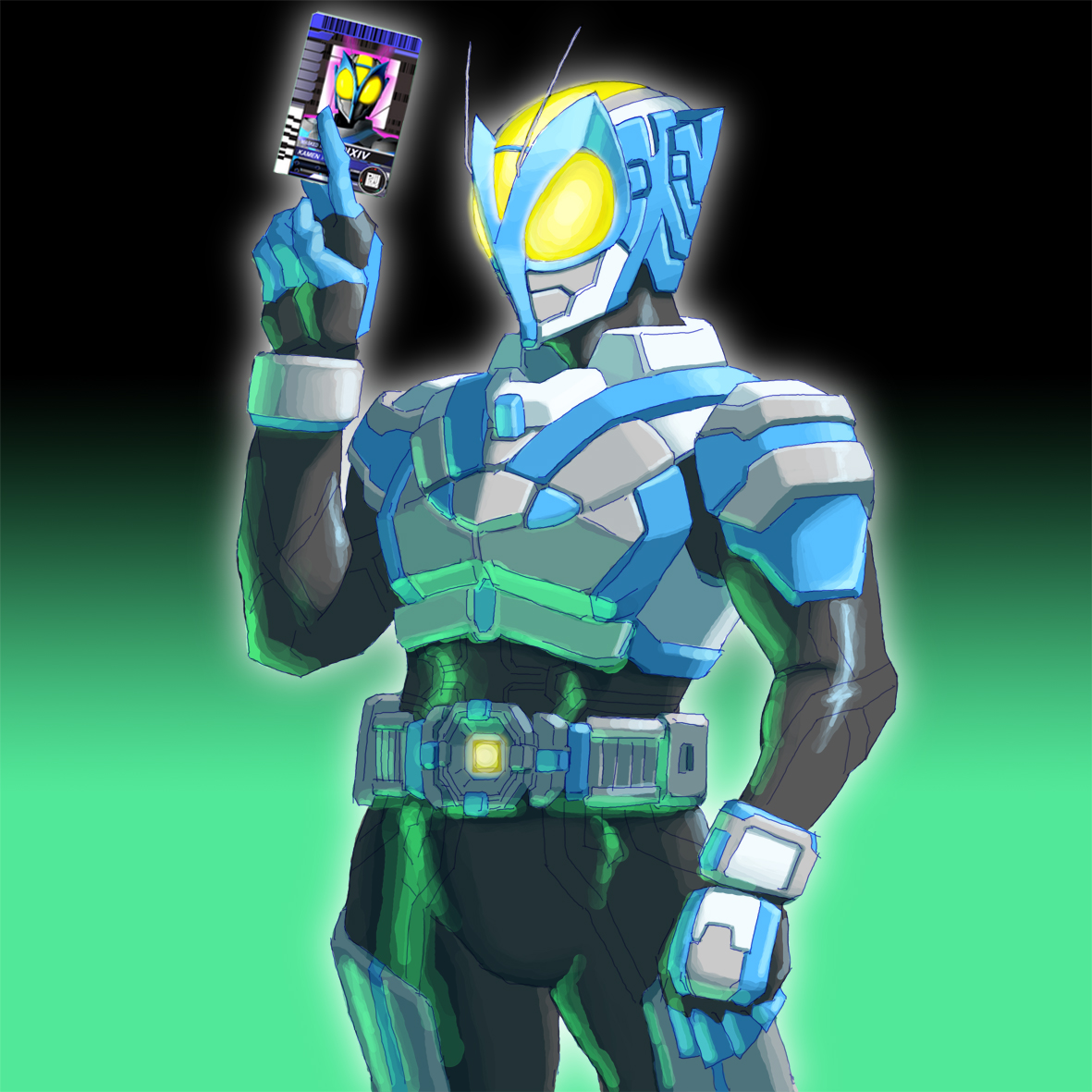 chaki-dx, chaki (teasets), kamen rider pixiv, kamen rider, original, 1boy, antennae, belt, card, holding, holding card, male focus, solo