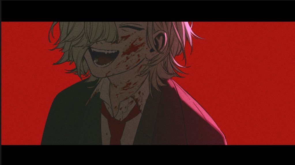 rit3set, copyright request, 1boy, backlighting, blood, blood on clothes, blood on face, blood splatter, closed eyes, collared shirt, dress shirt, hair over one eye, jacket, laughing, male focus, medium hair, necktie, open mouth, portrait, red background, red theme, shirt, smile, solo, teeth, wolf cut