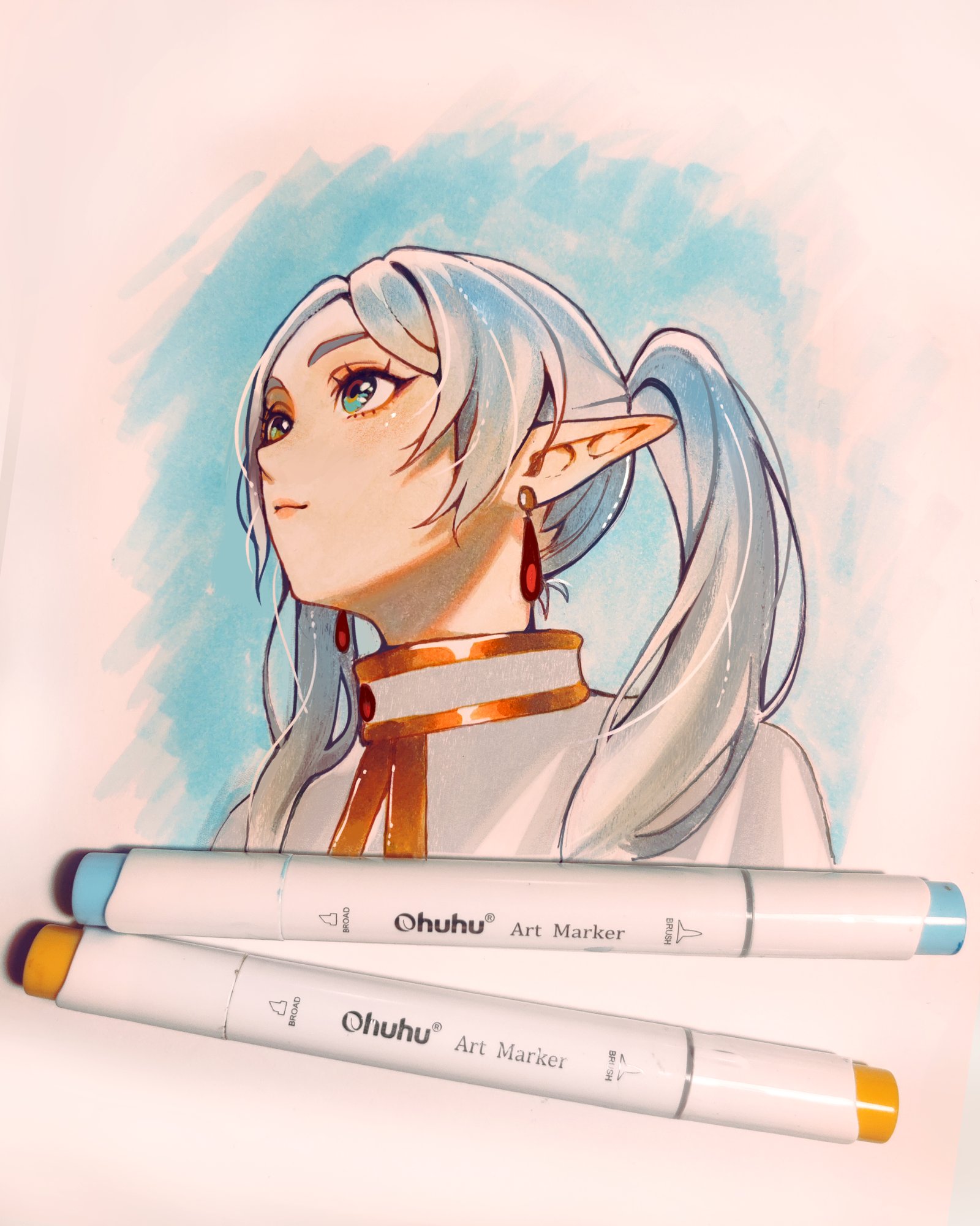 jellypon, frieren, sousou no frieren, commentary, english commentary, highres, marker (medium), photo (medium), traditional media, 1girl, earrings, elf, green eyes, jewelry, long hair, meme, pointy ears, solo, twintails, upper body, upward angle frieren drawing (meme), white hair