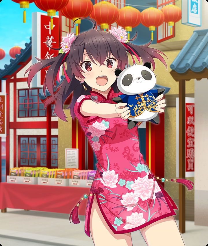 asakura mihono, toji no miko, toji no miko: kizamishi issen no tomoshibi, clothing request, game cg, official art, third-party source, 1girl, :d, ahoge, architecture, blue sky, blush, breasts, brown hair, china dress, chinese clothes, cowboy shot, day, dot nose, dress, earrings, east asian architecture, floral print, floral print dress, flower, gradient hair, hair flower, hair ornament, hair ribbon, holding, holding stuffed toy, jewelry, lantern, medium hair, multicolored hair, open mouth, outdoors, paper lantern, pink flower, print dress, red eyes, red hair, red ribbon, ribbon, road, short sleeves, side slit, sign, sky, small breasts, smile, solo, street, stuffed animal, stuffed panda, stuffed toy, tassel, teeth, twintails, upper teeth only