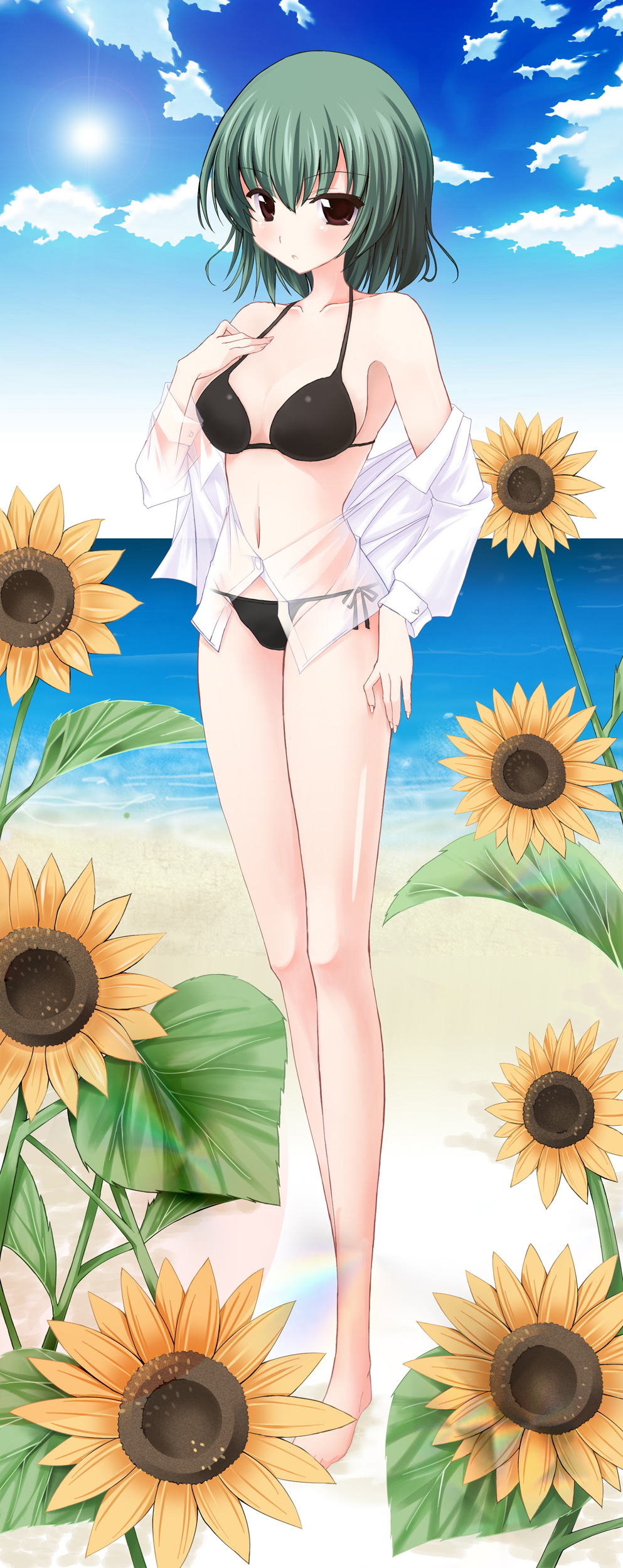 kurume shou, kazami yuuka, touhou, absurdres, bad id, bad pixiv id, highres, 1girl, bare shoulders, barefoot, beach, bikini, black bikini, breasts, day, female focus, flower, green hair, medium breasts, off shoulder, outdoors, rainbow, red eyes, see-through clothes, shirt, short hair, solo, standing, sun, sunflower, swimsuit, water, white shirt