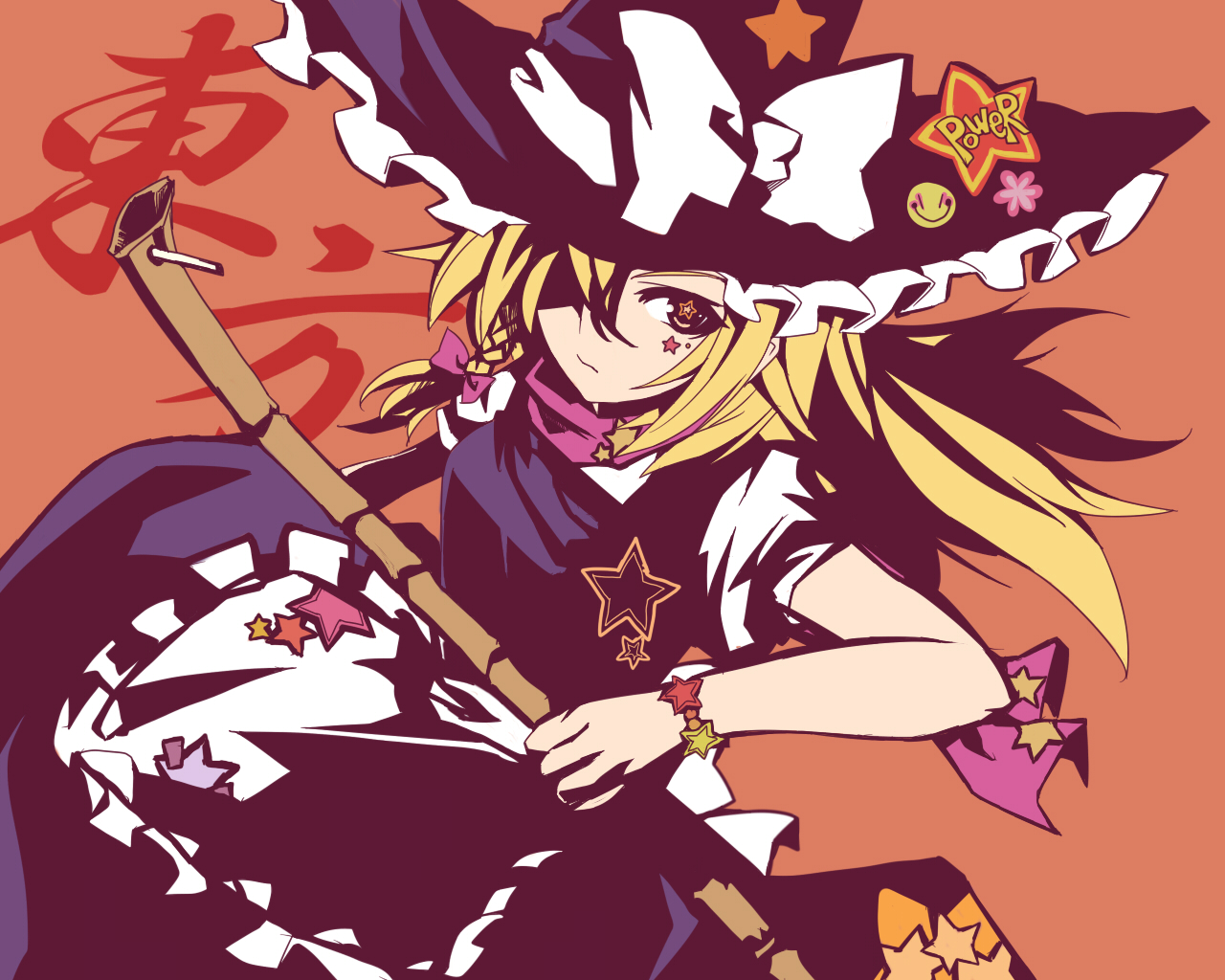 hitoto, kirisame marisa, touhou, bad id, bad pixiv id, 1girl, blonde hair, braid, broom, dress, female focus, hat, short hair, solo, witch, witch hat, yellow eyes