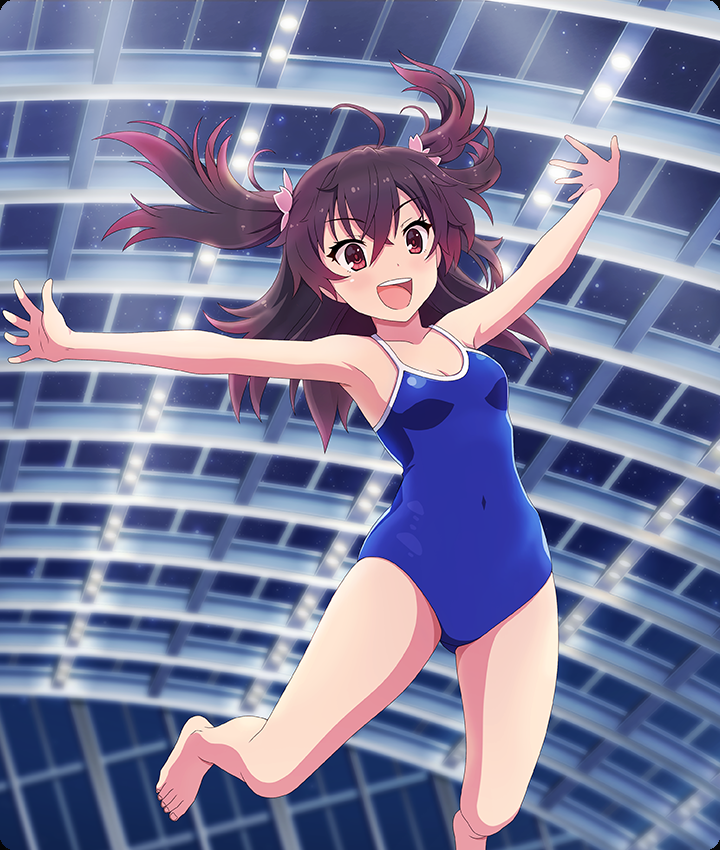 asakura mihono, toji no miko, toji no miko: kizamishi issen no tomoshibi, game cg, official art, third-party source, 1girl, :d, ahoge, armpits, barefoot, blue one-piece swimsuit, blush, breasts, brown hair, cleavage, collarbone, covered navel, dot nose, double-parted bangs, gradient hair, indoors, medium hair, midair, multicolored hair, night, night sky, one-piece swimsuit, open mouth, outstretched arms, purple hair, red eyes, school swimsuit, short twintails, sky, skylight, small breasts, smile, solo, spread arms, star (sky), starry sky, swimsuit, teeth, twintails, upper teeth only