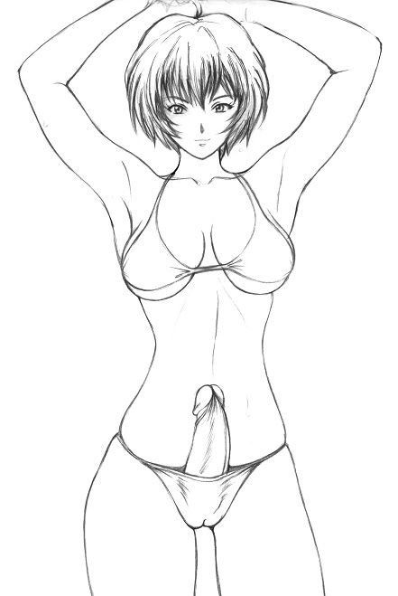 dusty heaven, ayanami rei, neon genesis evangelion, 1futa, armpits, bikini, breasts, cameltoe, erection, futanari, monochrome, penis, small breasts, solo, swimsuit, uncensored