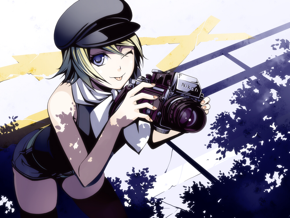 torigoe takumi, kagamine rin, vocaloid, 1girl, ;p, blonde hair, blue eyes, camera, female focus, one eye closed, ribbon, short hair, shorts, solo, thighhighs, tongue, tongue out, wink