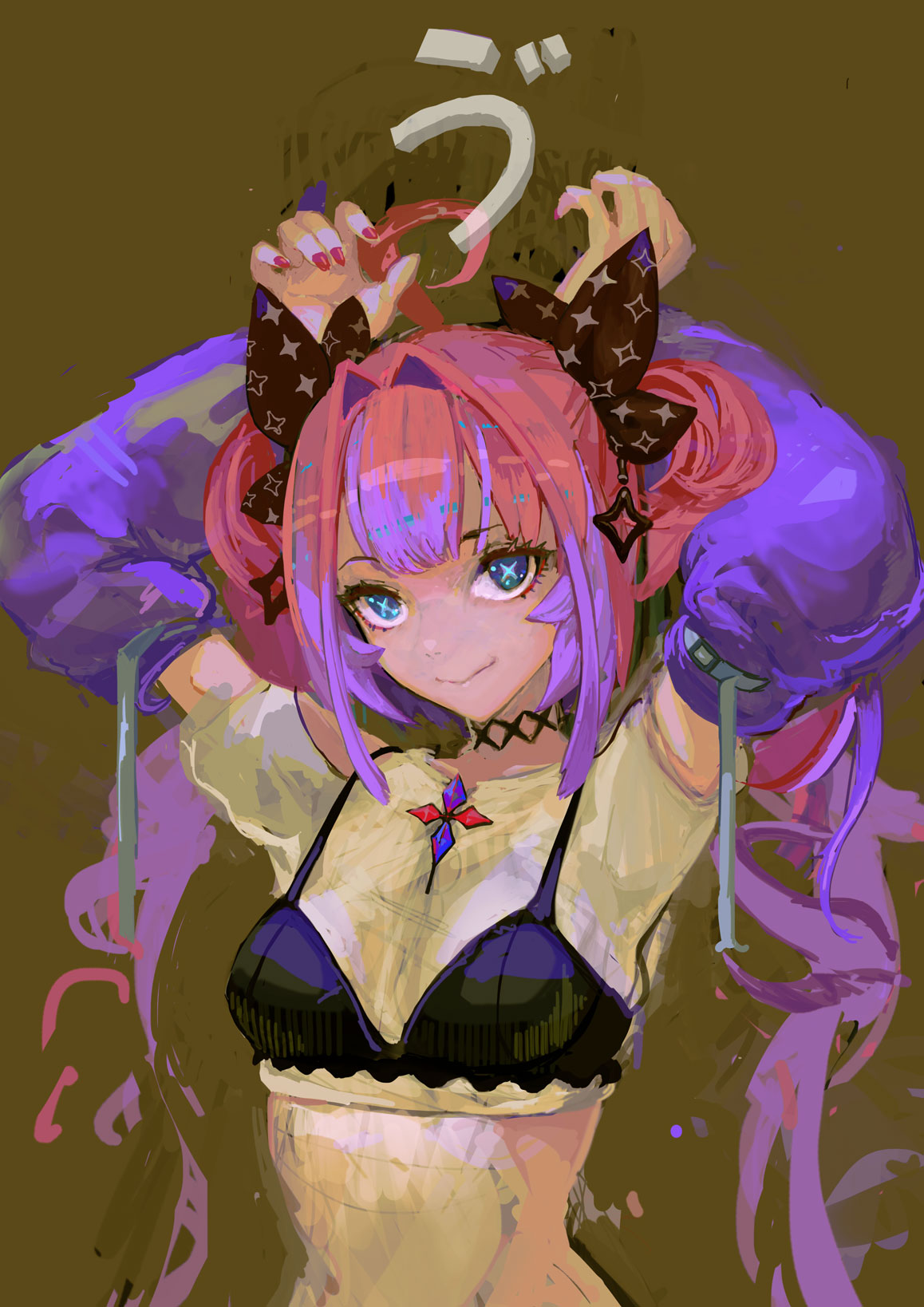 uturo, kikirara vivi, kikirara vivi (1st costume), hololive, commentary, highres, 1girl, arms up, black bra, blue eyes, bra, bra over clothes, breasts, cropped shirt, hair intakes, looking at viewer, medium breasts, multicolored hair, nail polish, pink hair, purple arm warmers, purple hair, shirt, simple background, solo, two-tone hair, underwear, virtual youtuber, white shirt