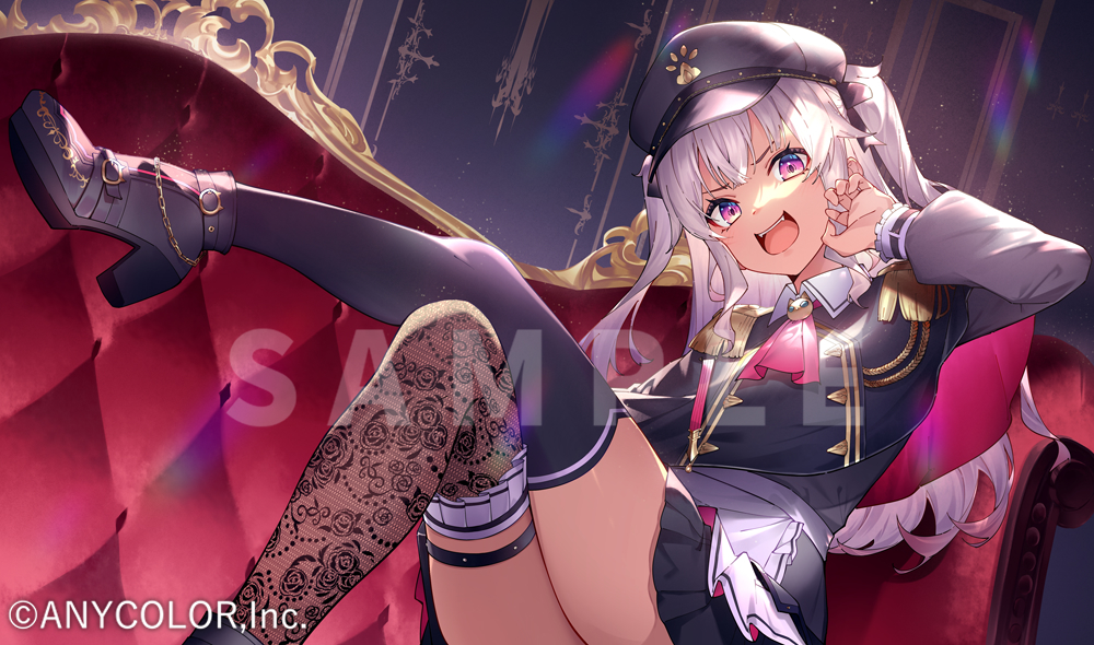 essual (layer world), matsukai mao, matsukai mao (2nd costume), nijisanji, commentary, official art, 1girl, black hat, black jacket, black skirt, black thighhighs, copyright notice, dark-skinned female, dark skin, grey hair, hat, jacket, looking at viewer, military hat, military jacket, military uniform, official alternate costume, open mouth, purple eyes, sample watermark, skirt, smile, solo, thigh strap, thighhighs, two side up, virtual youtuber, watermark