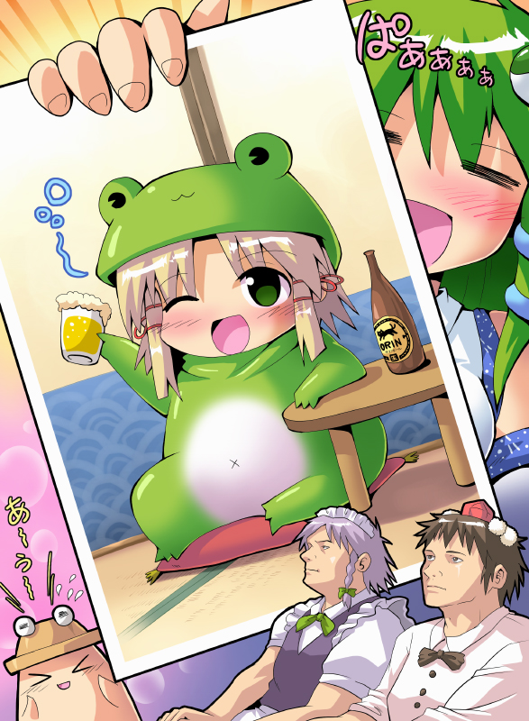 kurogarasu, izayoi sakuya, kaenbyou rin, kaenbyou rin (cat), kochiya sanae, moriya suwako, shameimaru aya, touhou, silver hair, gender request, photo (medium), > <, 3girls, :d, = =, alcohol, animal costume, beer, black hair, blonde hair, closed eyes, completely unamused, expressionless, frog, frog costume, gaijin 4koma (meme), genderswap, green eyes, green hair, hat, maid, meme, multiple girls, open mouth, photo (object), smile, tokin hat, unamused