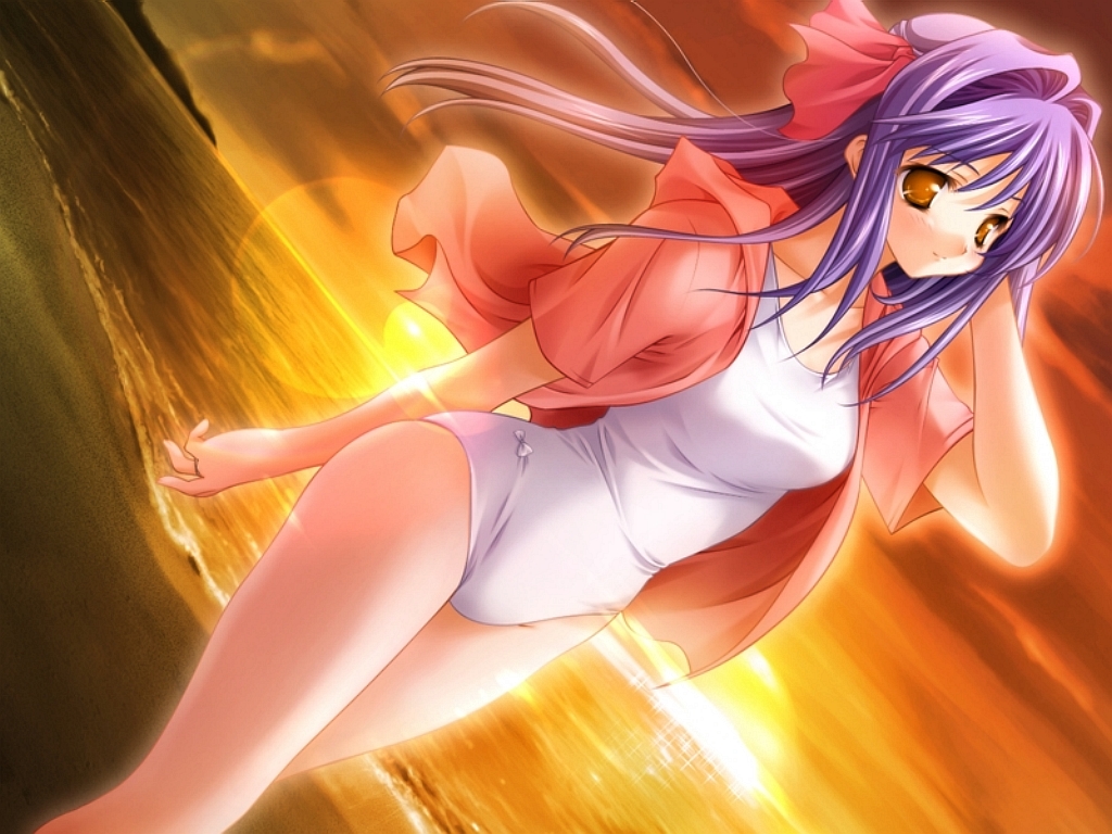 masaharu, shirase ui, floralia, game cg, 1girl, arm behind back, backlighting, beach, bow, brown eyes, dutch angle, female focus, from side, hair intakes, half updo, hood, hoodie, lens flare, long hair, ocean, one-piece swimsuit, outdoors, outline, pink bow, purple hair, ribbon, solo, sparkle, standing, striped blush, sunset, swimsuit, swimsuit under clothes, thighs, water, white one-piece swimsuit