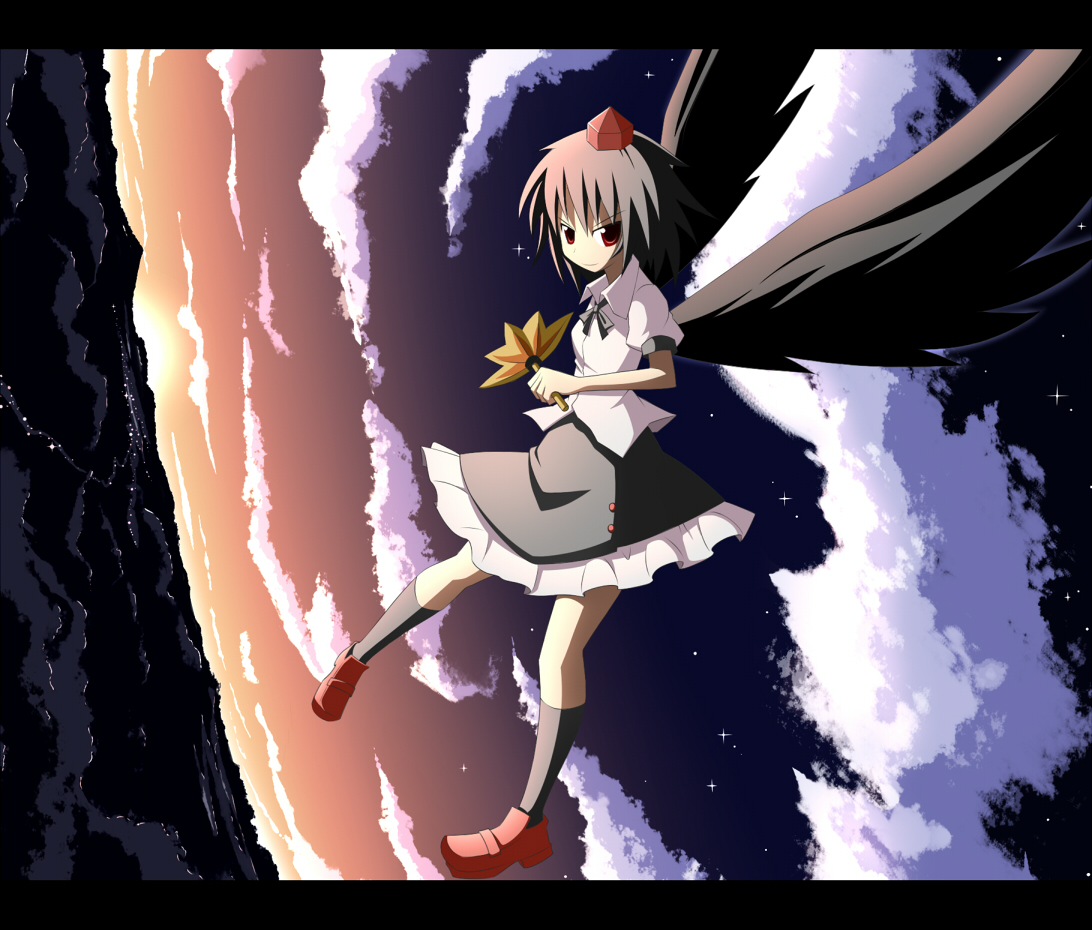 narira, narira brian, shameimaru aya, touhou, 1girl, black hair, black wings, female focus, hat, letterboxed, looking at viewer, red eyes, serious, solo, tokin hat, wings