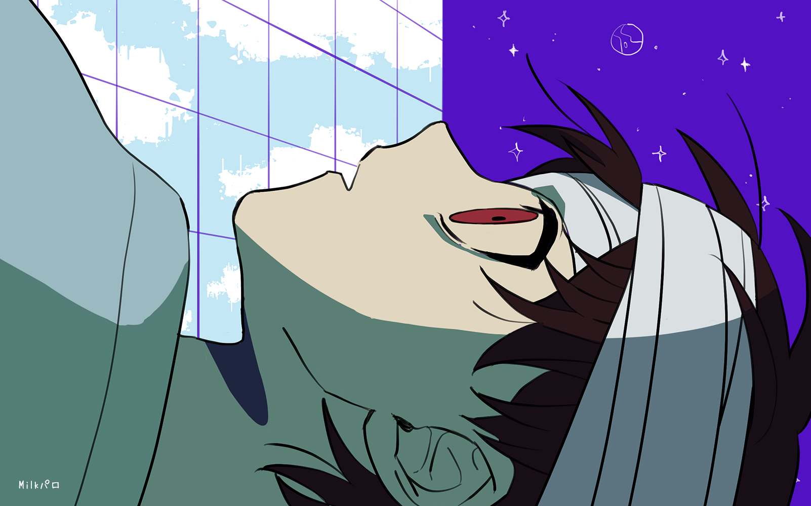 toastytoast, sunny (hospital gown) (omori), sunny (omori), omori, commentary request, highres, spoilers, 1boy, anime coloring, bags under eyes, bandaged head, bandages, black hair, blue shirt, building, cloud, from side, hair behind ear, hair between eyes, long hair, looking up, male focus, no sclera, official alternate costume, official alternate eye color, outdoors, parted lips, portrait, profile, purple sky, red eyes, reflective surface, shirt, short hair, sky, solo, sparkle, very long hair, very short hair