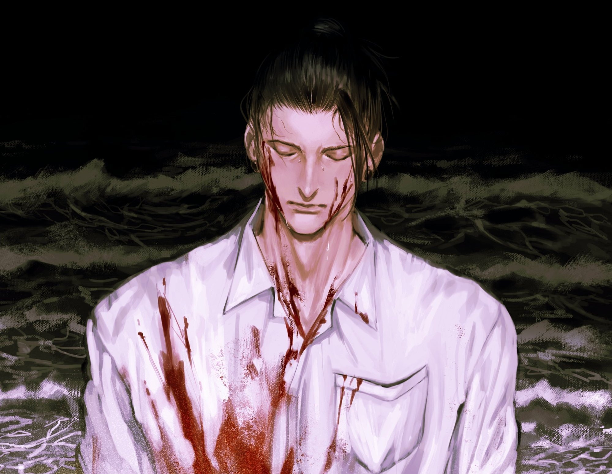 ndsoda, getou suguru, jujutsu kaisen, commentary, english commentary, highres, 1boy, black hair, blood, blood on clothes, blood on face, closed eyes, closed mouth, earrings, expressionless, facing viewer, jewelry, male focus, ocean, outdoors, solo, upper body