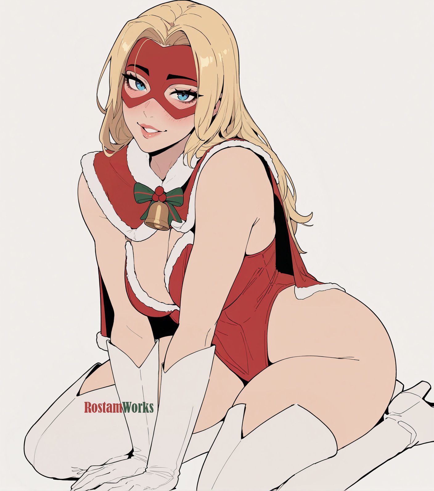 blonde blazer, dispatch, artist request, commentary, english commentary, highres, artist name, bell, bell bow, blonde hair, blue eyes, blush, boots, bow, christmas, curvy, eye mask, eyelashes, gloves, green bow, leotard, long hair, looking at viewer, mask, parted bangs, parted lips, pink lips, red leotard, short cape, strapless, teeth, thick thighs, thigh boots, thighs, white boots, white gloves