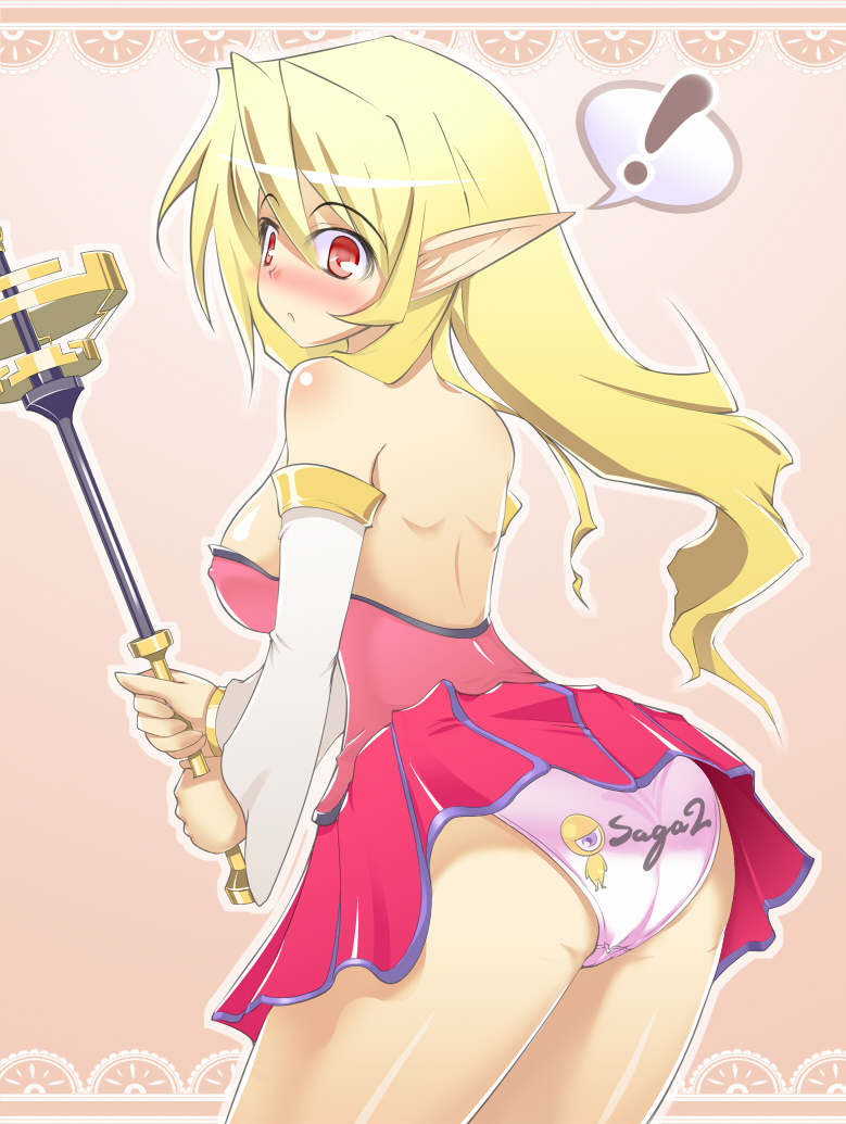 mocchisake, esper (saga 2), teacher (saga 2), saga, saga 2, long image, tall image, !, 1girl, ass, back, bare shoulders, blonde hair, blush, body blush, breasts, clothes lift, clothes writing, copyright name, covered erect nipples, detached sleeves, elf, embarrassed, female focus, fingernails, full-face blush, gradient background, hair between eyes, holding, leaning forward, long hair, long sleeves, looking at viewer, looking back, nail (hardware), nipples, outline, panties, pink panties, pointy ears, print panties, purple panties, red eyes, shiny skin, sideboob, skirt, skirt lift, solo, speech bubble, staff, standing, strapless, surprised, text focus, thighs, underwear, upskirt, white panties