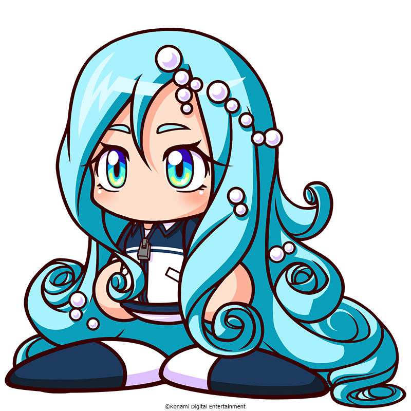 jikkyou powerful pro yakyuu, power pro appli, artist request, commentary request, official art, 1girl, aqua hair, awase marina, blue shoes, copyright notice, curly ends, hair between eyes, jacket, jikkyou powerful pro yakyuu (style), long hair, manager, multicolored shoes, no mouth, pearl hair ornament, rayman limbs, shirt, shoes, solo, track jacket, two-tone shoes, very long hair, white background, white shirt, white shoes