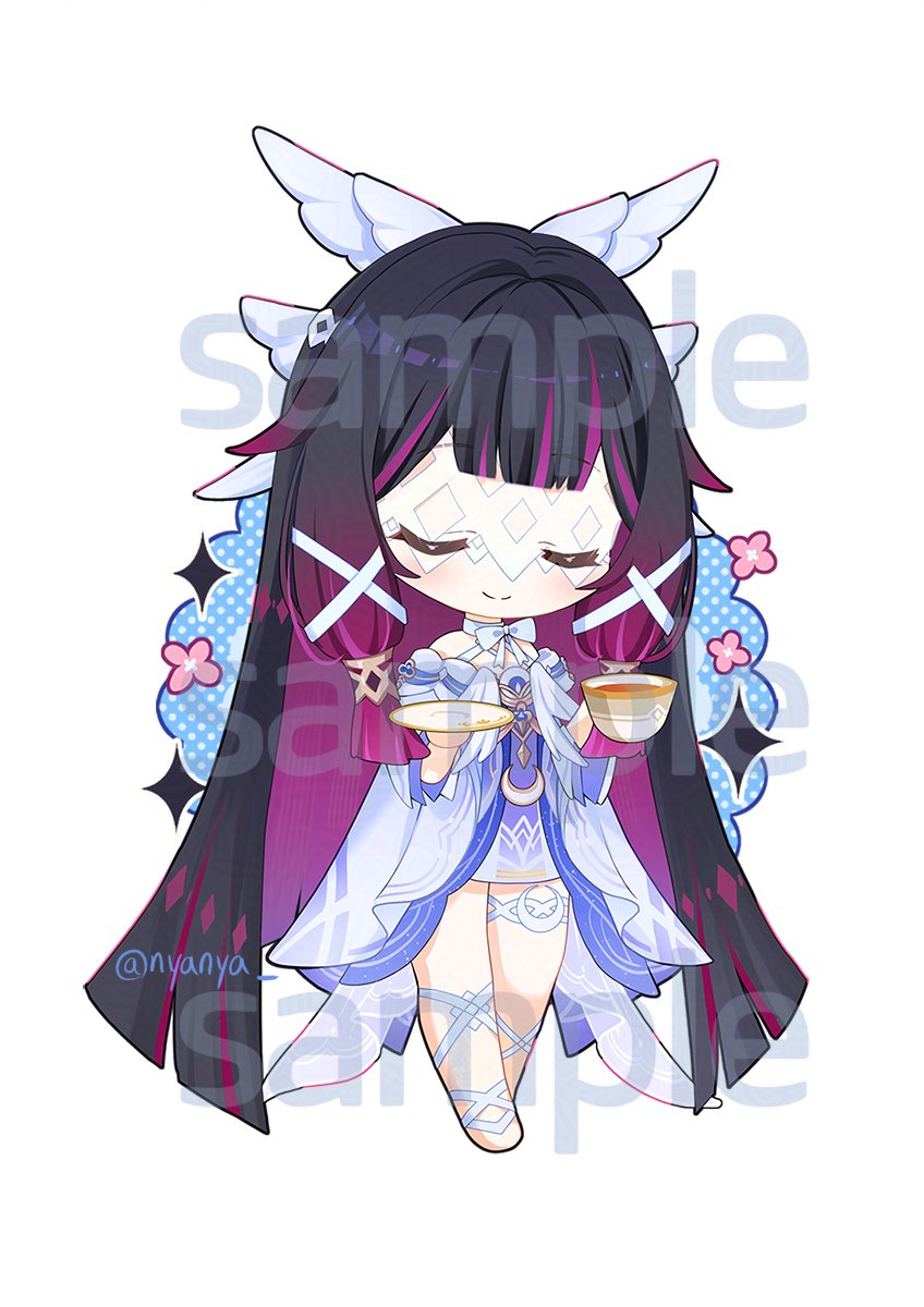 nyanya, columbina (genshin impact), genshin impact, commentary request, highres, 1girl, bare shoulders, black hair, chibi, closed eyes, closed mouth, cup, dress, full body, hair ornament, holding, holding cup, holding plate, long hair, multicolored hair, plate, purple hair, sample watermark, simple background, smile, solo, standing, twitter username, very long hair, watermark, white background, white dress, wing hair ornament