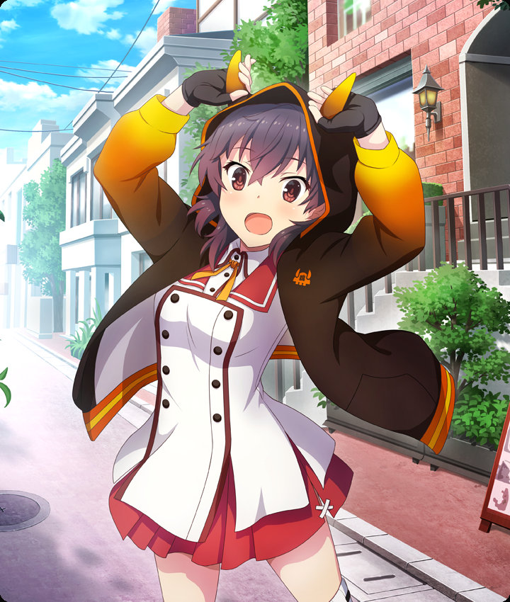 asakura mihono, toji no miko, toji no miko: kizamishi issen no tomoshibi, game cg, official art, third-party source, 1girl, :d, black gloves, blue sky, blush, breasts, brick wall, brown hair, brown jacket, buttons, cloud, cowboy shot, day, dot nose, double-breasted, fingerless gloves, gloves, gradient clothes, gradient jacket, hands on own horns, hood, hooded jacket, horned hood, horns, jacket, long sleeves, looking at viewer, manhole cover, medium breasts, minoseki gakuin uniform, open mouth, orange sleeves, power lines, railing, red eyes, red sailor collar, red skirt, road, sailor collar, school uniform, shirt, sign, skirt, sky, smile, solo, stairs, tree, white shirt