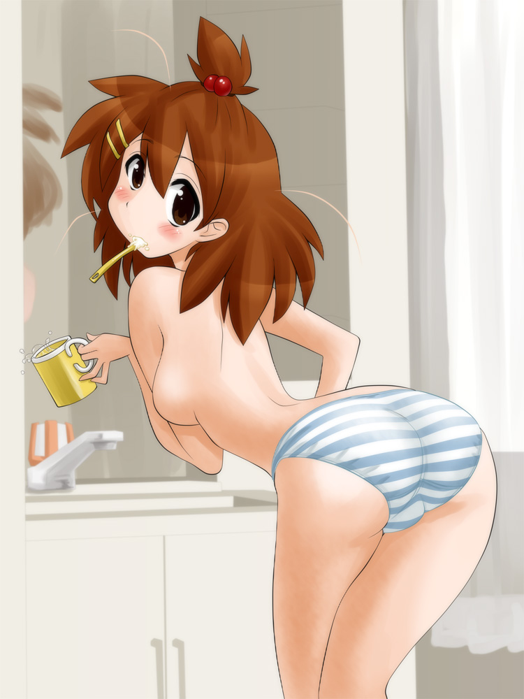 nakao, hirasawa yui, k-on!, 00s, ass, bathroom, bent over, brown eyes, brown hair, cup, fat mons, hair bobbles, hair ornament, high ponytail, leaning forward, mouth hold, mug, panties, ponytail, short hair, solo, striped clothes, striped panties, toothbrush, topknot, topless female, underwear
