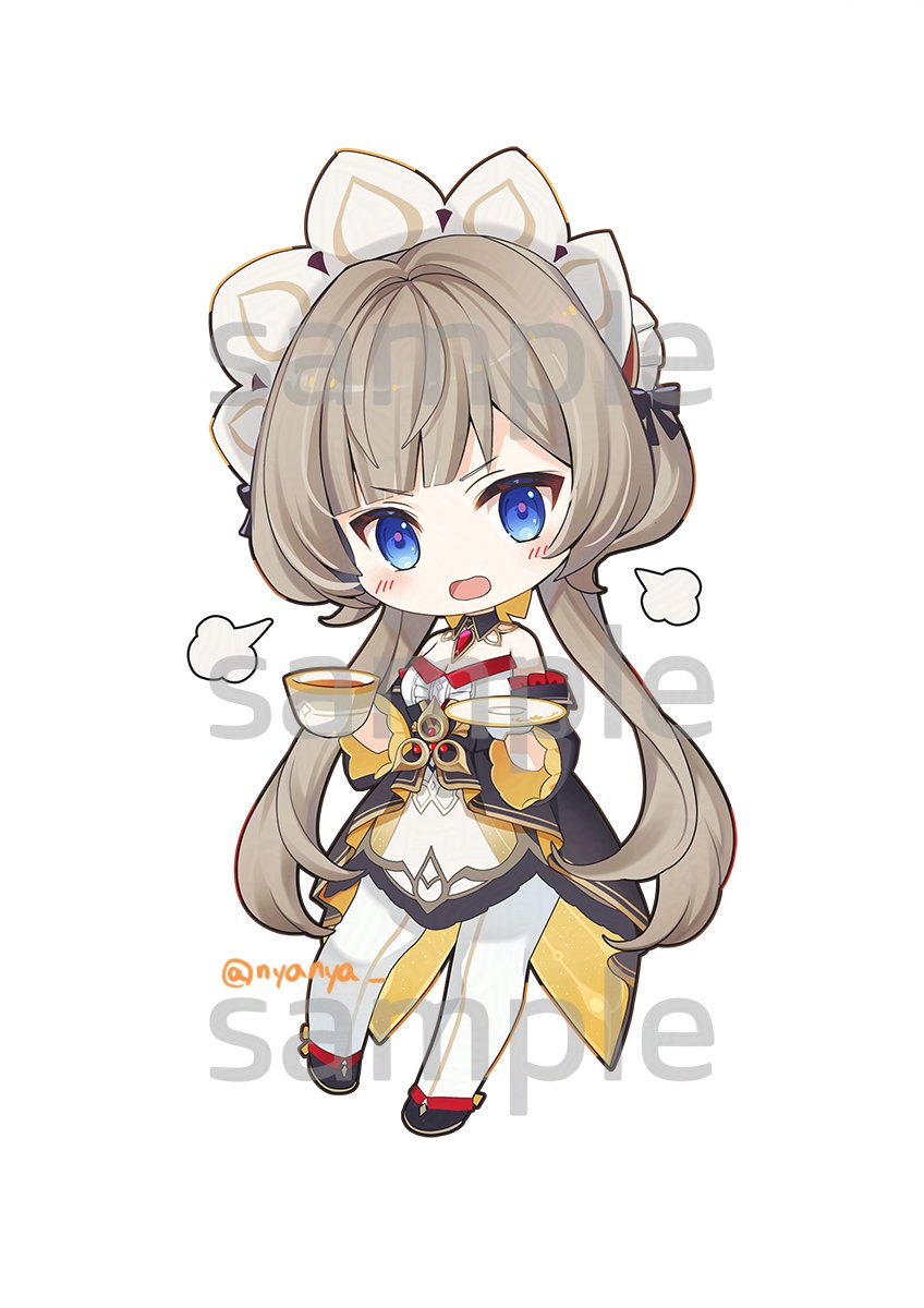 nyanya, sandrone (genshin impact), genshin impact, commentary request, highres, 1girl, bare shoulders, black dress, blue eyes, blush, brown hair, cup, detached sleeves, dress, holding, holding cup, holding plate, long hair, long sleeves, looking at viewer, open mouth, plate, puff of air, sample watermark, simple background, solo, twitter username, very long hair, watermark, white background