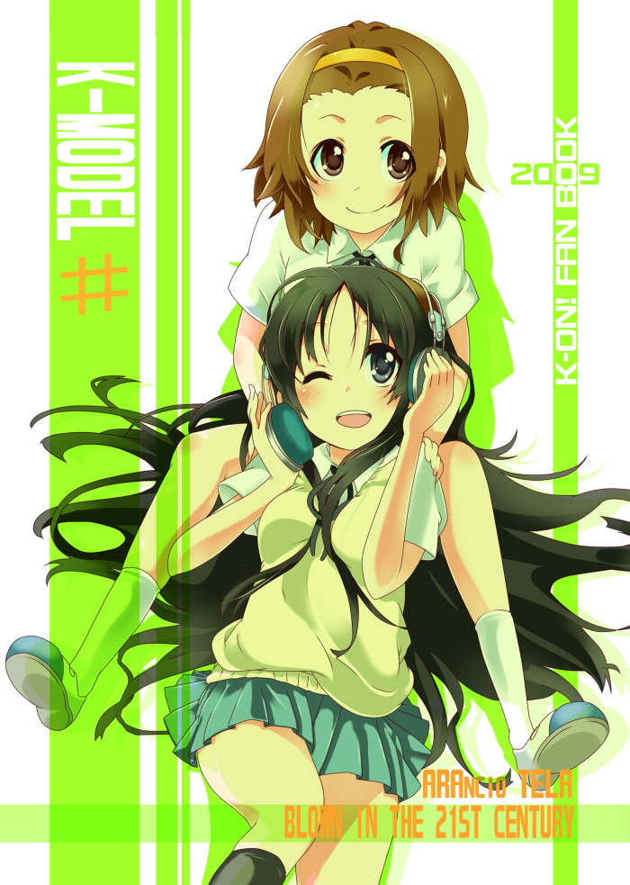 mitsuki meia, akiyama mio, tainaka ritsu, akg, k-on!, 00s, 2009, 2girls, akg k-series headphones, black eyes, black hair, brown eyes, brown hair, hairband, headphones, multiple girls, one eye closed, school uniform, shoes, short hair, uwabaki, wink