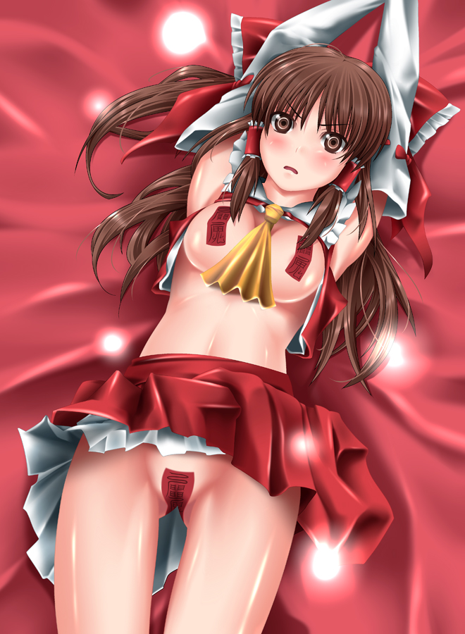 uron-rei, hakurei reimu, touhou, bad id, bad pixiv id, 1girl, arms up, bed sheet, blush, breasts, brown eyes, brown hair, detached sleeves, female focus, groin, lying, maebari, on back, pasties, skirt, solo, thigh gap