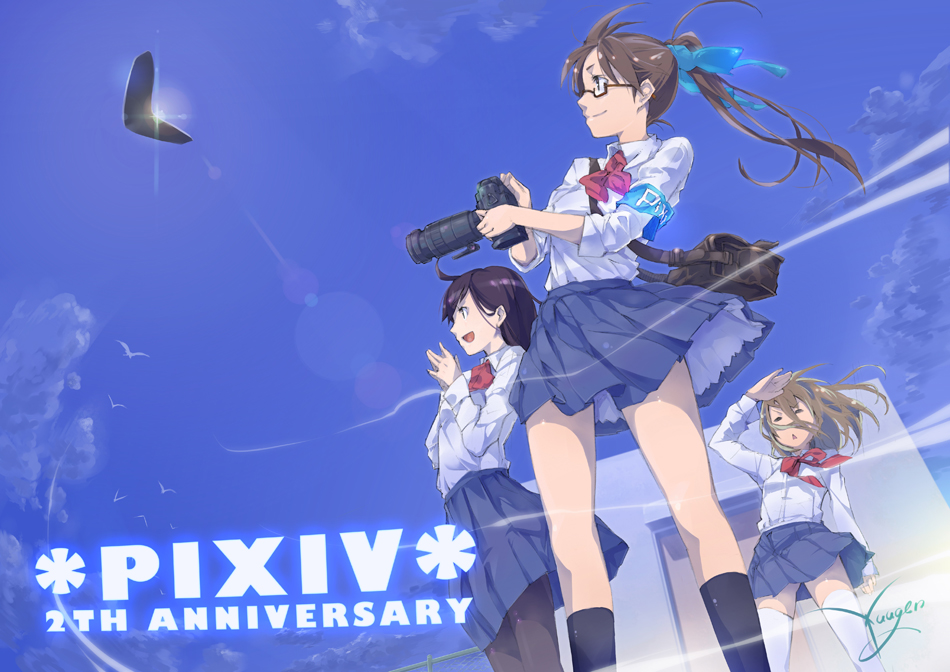 yuugen, pixiv, black legwear, white legwear, bad id, bad pixiv id, 3girls, armband, bag, blonde hair, blue skirt, bow, brown hair, camera, day, glasses, hair bow, looking to the side, multiple girls, open mouth, pantyhose, pleated skirt, ponytail, school uniform, shirt, skirt, sky, smile, socks, standing, thighhighs, white shirt, wind