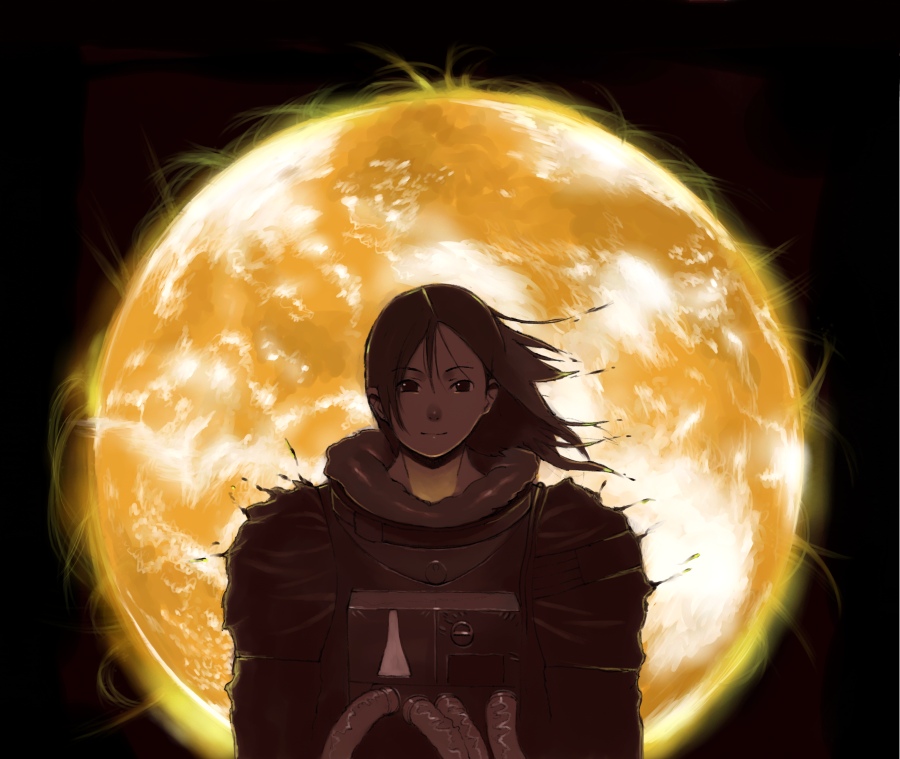 shiira, 1girl, astronaut, female focus, looking at viewer, solo, space, spacesuit, sun