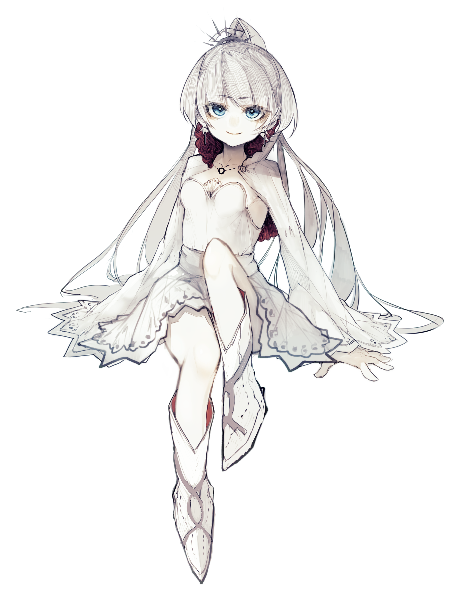 riuichi, original, commentary request, highres, 1girl, blue eyes, boots, crown, detached sleeves, dress, fantasy, high heels, jewelry, long hair, looking at viewer, necklace, simple background, sitting, smile, solo focus, strapless, strapless dress, white background, white dress, white hair