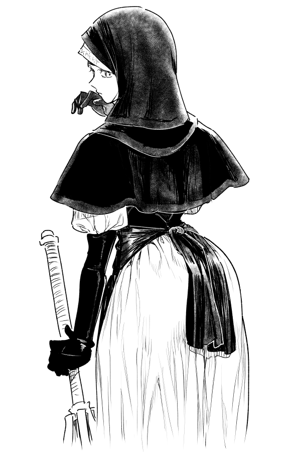 kari (kakko k), undertaker (elden ring), elden ring, elden ring nightreign, commentary request, 1girl, black capelet, black gloves, capelet, closed mouth, coif, cropped legs, elbow gloves, from behind, gloves, greyscale, holding, holding mace, holding weapon, looking back, mace, monochrome, nun, solo, standing, weapon, white background, white coif, wiping mouth