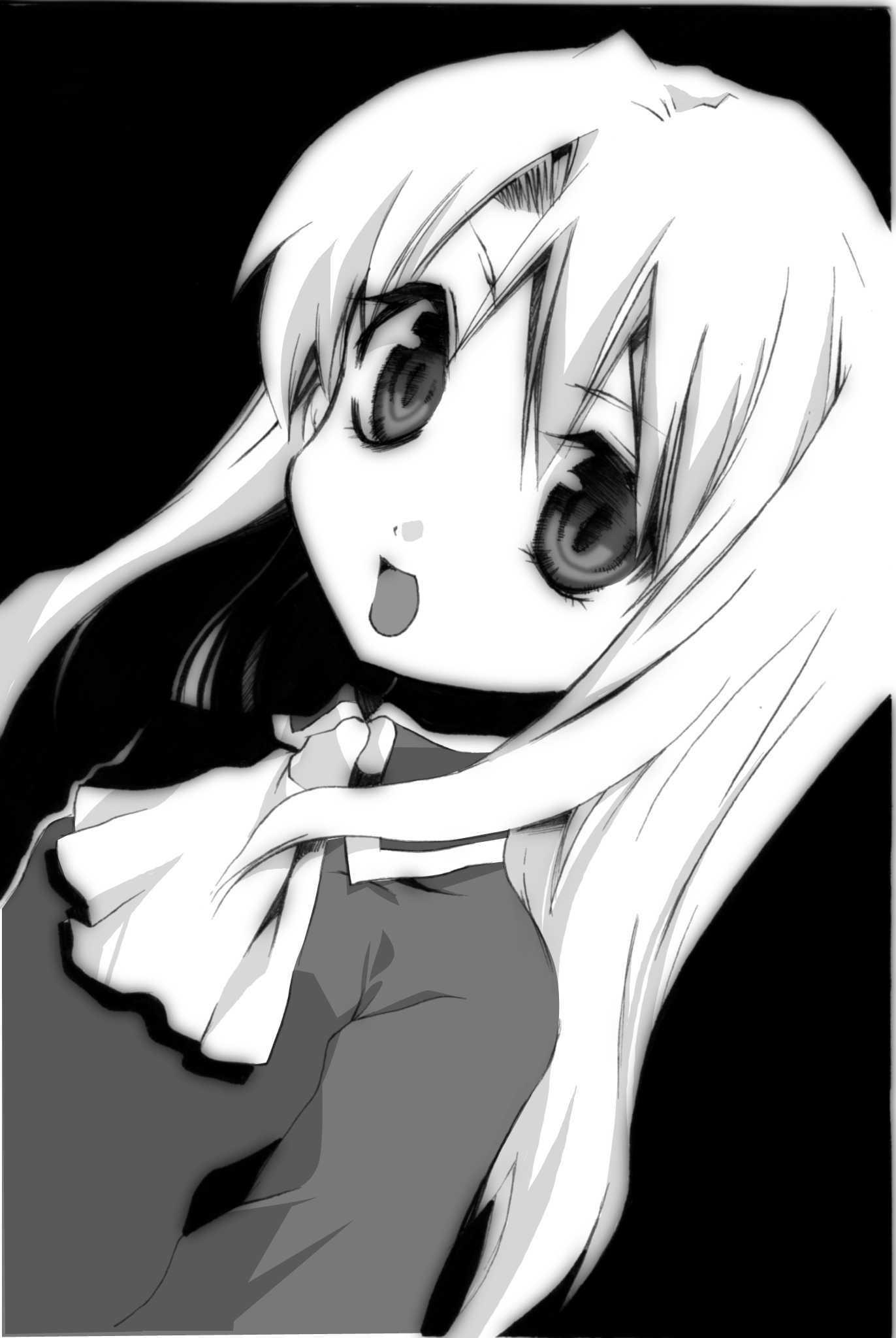 pokkuri, illyasviel von einzbern, fate/stay night, fate (series), bad id, bad pixiv id, highres, 00s, 1girl, female focus, greyscale, long hair, monochrome, smile, solo