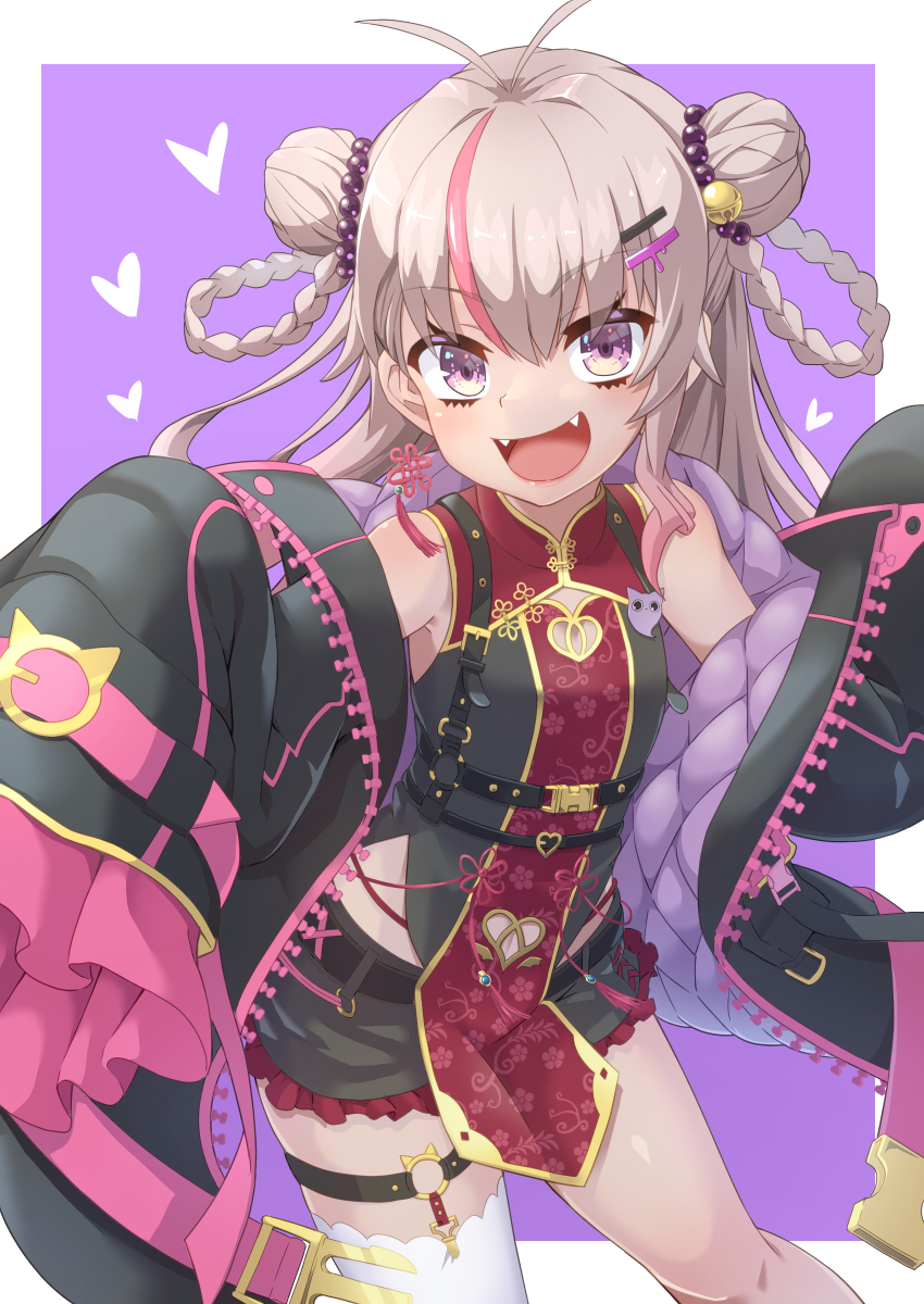 kurobuchi kintobi, matsukai mao, matsukai mao (3rd costume), nijisanji, commentary request, highres, 1girl, antenna hair, black jacket, black kimono, black shorts, clothing cutout, double bun, fangs, frilled shorts, frilled sleeves, frills, hair bun, hair ornament, hairpin, heart cutout, jacket, japanese clothes, kimono, looking at viewer, o-ring, o-ring thigh strap, official alternate costume, open mouth, pink streaks, purple eyes, shorts, single thighhigh, sleeves past fingers, sleeves past wrists, smile, solo, thigh strap, thighhighs, virtual youtuber, white thighhighs