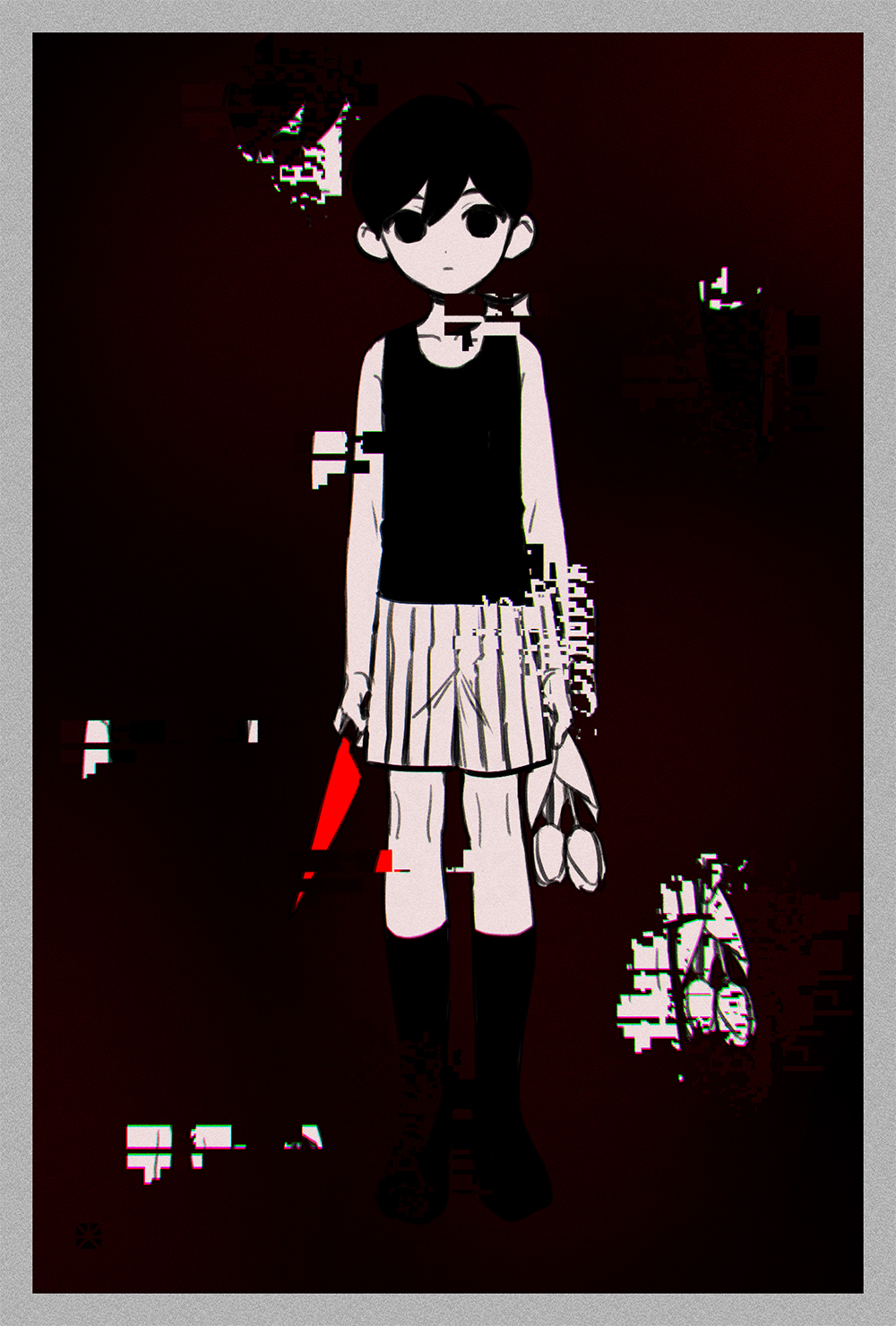 toastytoast, omori (omori), omori, commentary request, highres, 1boy, :|, antenna hair, arms at sides, bare arms, bare shoulders, black eyes, black hair, black tank top, border, chromatic aberration, closed mouth, collarbone, colored skin, dot nose, double-parted bangs, empty eyes, expressionless, film grain, flower, full body, glitch, grey border, hair behind ear, hair between eyes, holding, holding flower, holding knife, kneehighs, knife, male focus, no pupils, no shoes, red background, short hair, shorts, simple background, socks, solo, standing, straight-on, striped clothes, striped shorts, tank top, tulip, vertical-striped clothes, vertical-striped shorts, very short hair, white shorts, white skin