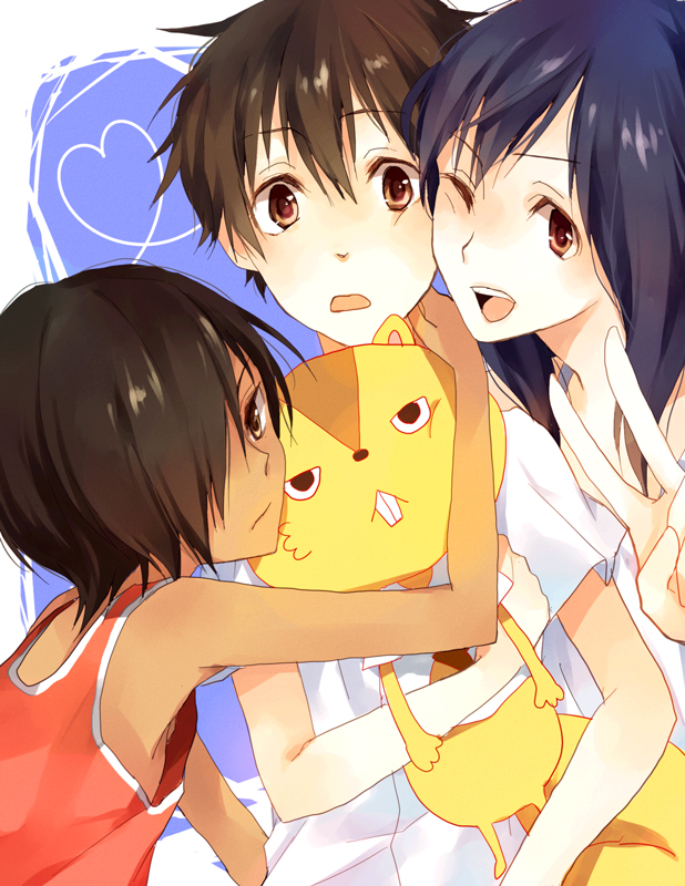 yuzuki karu, ikezawa kazuma, kari-kenji, koiso kenji, shinohara natsuki, summer wars, 00s, 1girl, 2boys, black hair, brown eyes, brown hair, heart, hug, long hair, multiple boys, one eye closed, short hair, surprised, v