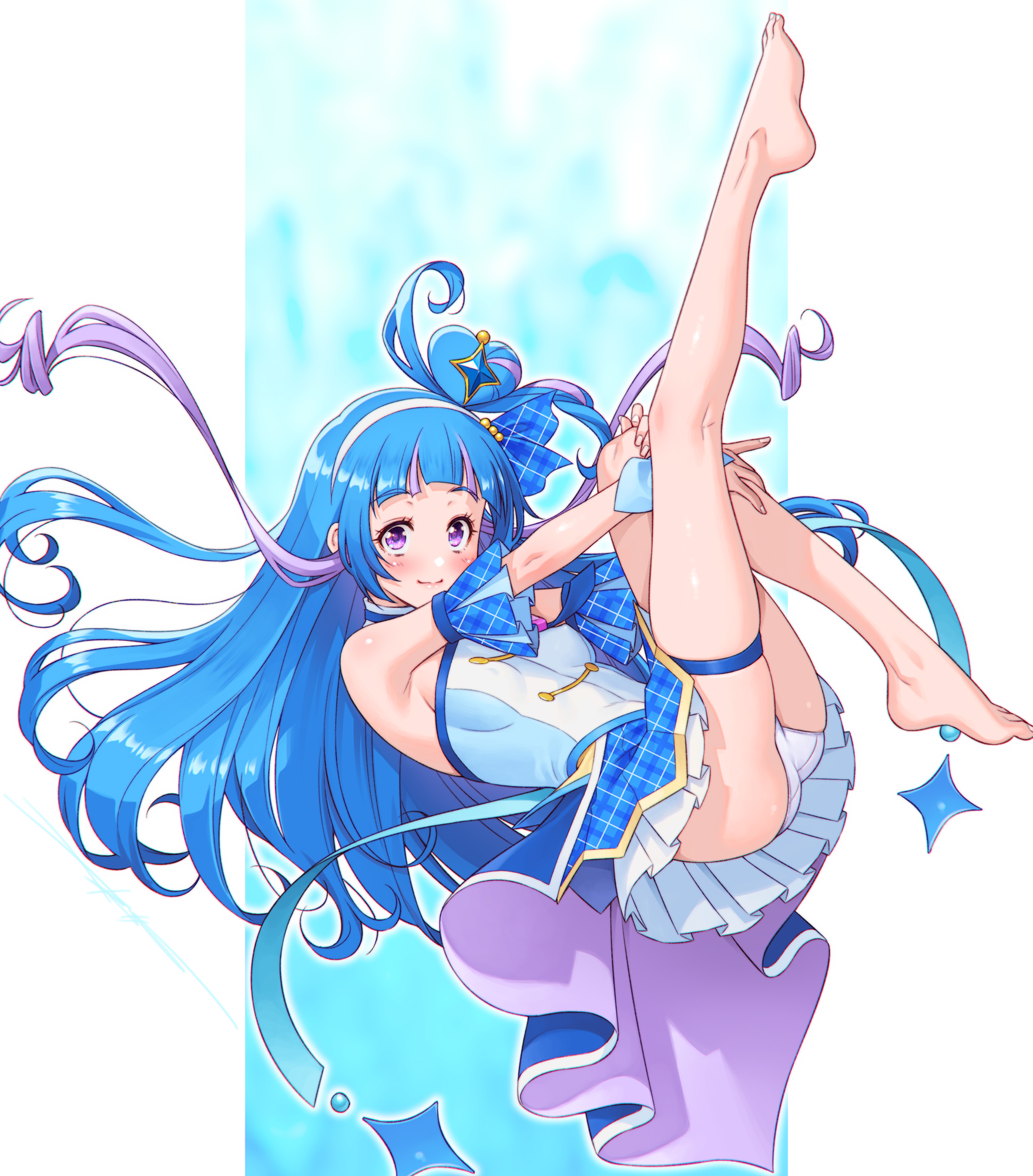 kazuma muramasa, aokaze nana, cure wink, kimi to idol precure, precure, commentary request, highres, 1girl, arched back, barefoot, blue hair, blue skirt, blush, closed mouth, covered erect nipples, crotch seam, feet, fingernails, full body, hairband, kneepits, layered skirt, legs up, long hair, long legs, looking at viewer, male focus, miniskirt, multicolored hair, panties, pantyshot, pleated skirt, purple eyes, raised eyebrows, shirt, skirt, sleeveless, sleeveless shirt, solo, streaked hair, thigh strap, toes, underwear, very long hair, white hairband, white panties, white shirt