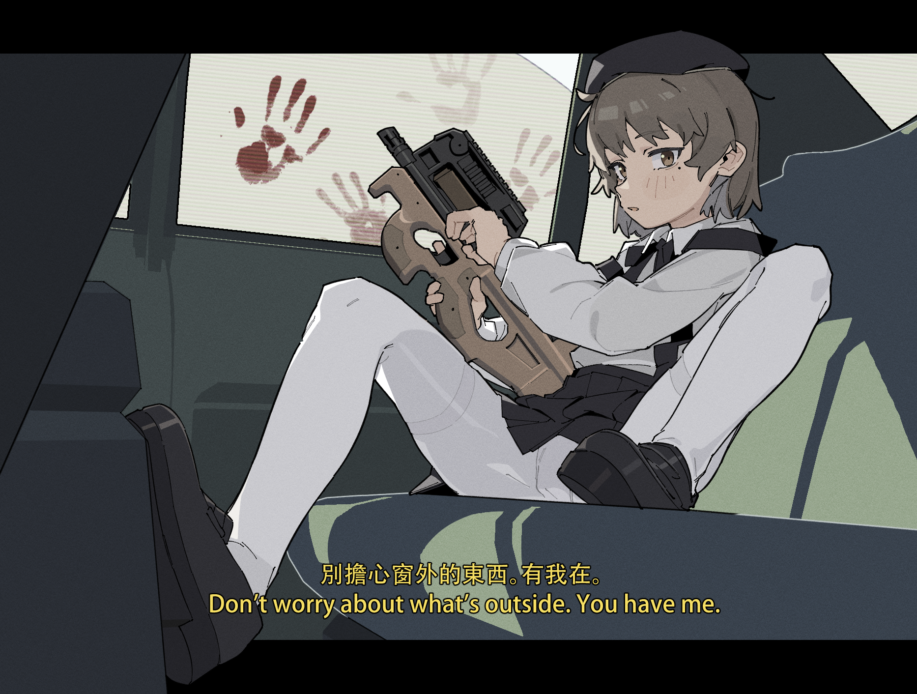 eflo (794753336), hatoba tsugu, tsugu (vtuber), commentary request, highres, 1girl, beret, black bow, black bowtie, black hat, black shoes, black skirt, black suspenders, bloody handprints, bow, bowtie, brown eyes, brown hair, bullpup, car interior, chinese text, clothes lift, collared shirt, english text, feet up, gun, handprint, hat, holding, holding gun, holding weapon, letterboxed, long sleeves, looking at viewer, mole, mole under eye, outside border, p90, pantyhose, parted lips, shirt, shoes, short hair, sitting, skirt, skirt lift, solo, submachine gun, suspender skirt, suspenders, thighband pantyhose, virtual youtuber, weapon, white pantyhose, white shirt