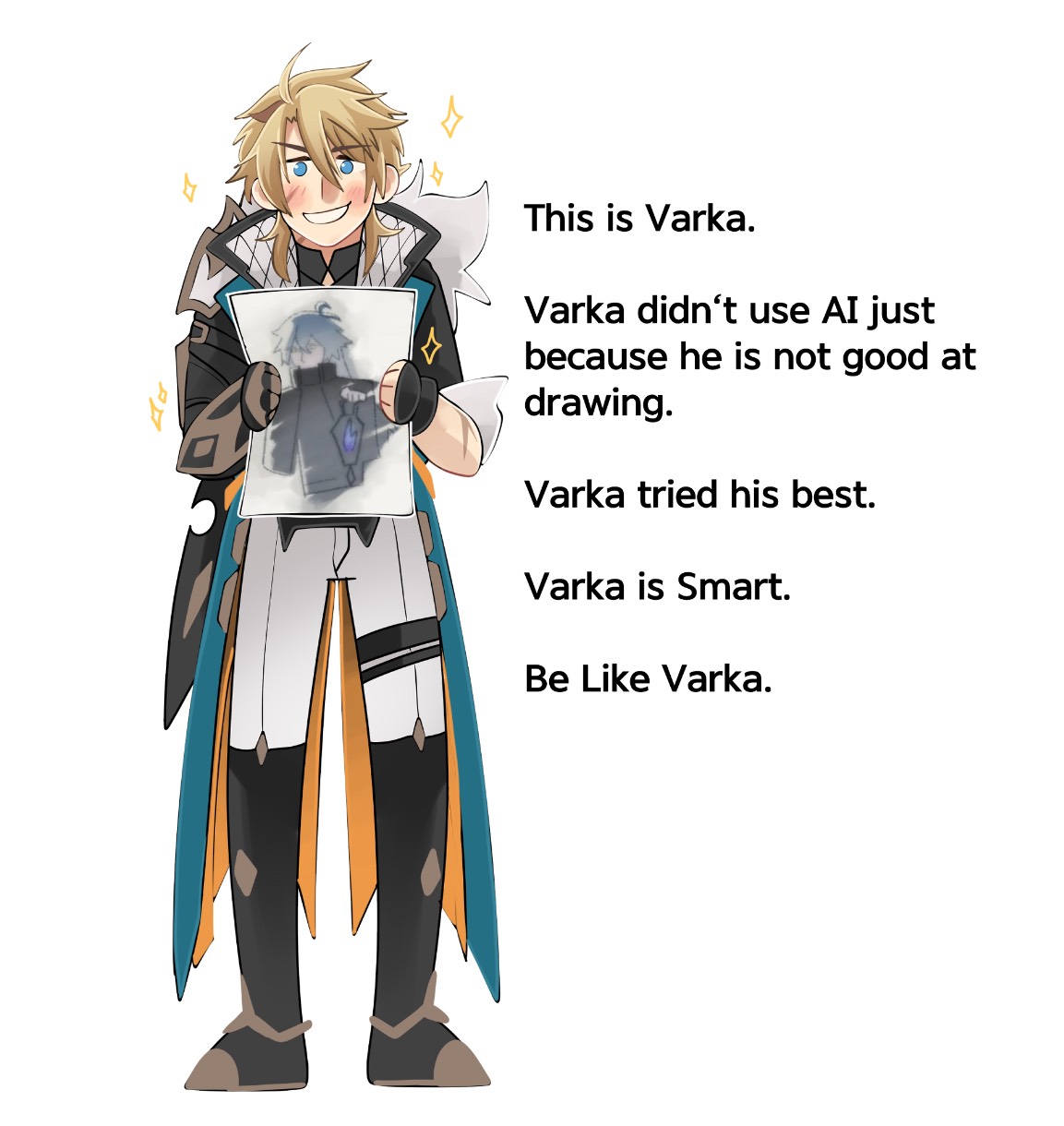 flins (genshin impact), varka (genshin impact), genshin impact, commentary, english commentary, highres, 1boy, ahoge, ai-generated art (topic), black gloves, blonde hair, blue eyes, blush, boots, coat, collared coat, drawing (object), english text, facial scar, fingerless gloves, full body, gauntlets, gloves, grey background, hair between eyes, holding, holding drawing, isamu (isamue), legs apart, looking at viewer, male focus, multiple scars, official art inset, open clothes, open coat, pants, parted bangs, scar, scar on arm, scar on cheek, scar on face, scar on neck, simple background, single fingerless glove, single gauntlet, single glove, smile, solo, sparkle, standing, straight-on