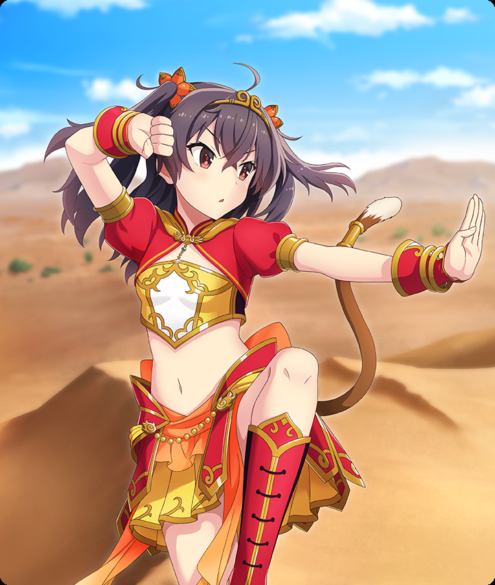 asakura mihono, sun wukong, journey to the west, toji no miko, toji no miko: kizamishi issen no tomoshibi, game cg, official art, third-party source, 1girl, ahoge, arm up, blue sky, boots, bracelet, breasts, brown hair, brown tail, circlet, clenched hand, cloud, cosplay, cowboy shot, crane stance, crop top, day, desert, dot nose, gold circlet, jewelry, knee boots, kung fu, medium hair, midriff, monkey tail, navel, outdoors, outstretched arm, parted lips, red boots, red eyes, red shrug, red skirt, short sleeves, shrug (clothing), skirt, sky, small breasts, solo, standing, standing on one leg, sun wukong (cosplay), tail, twintails