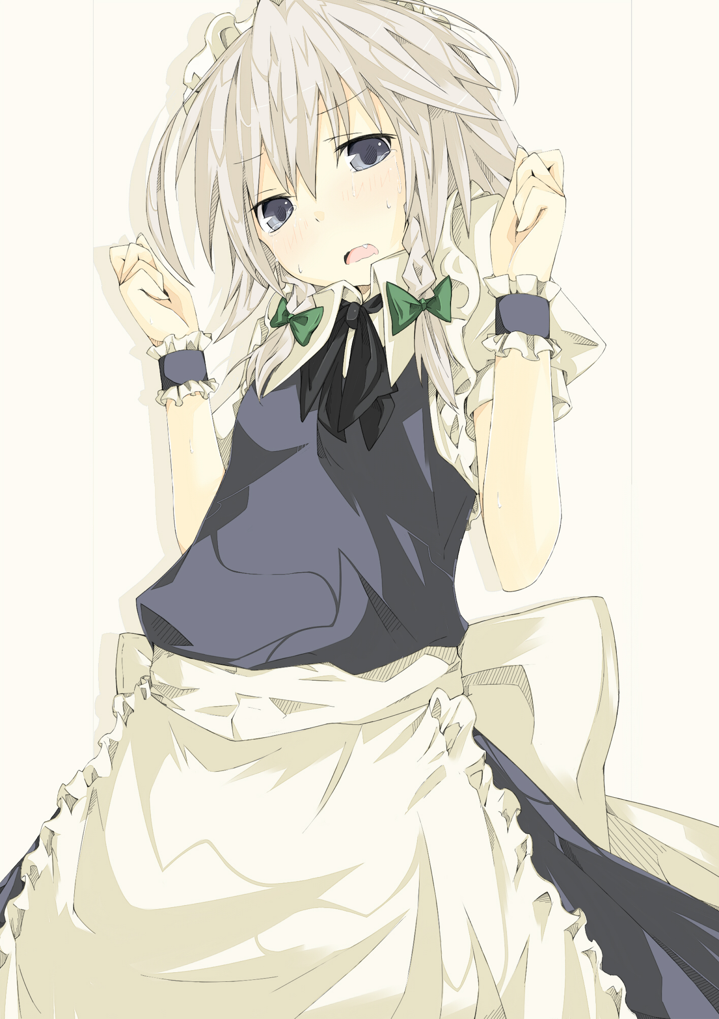 kitsune (scaz), izayoi sakuya, touhou, silver hair, highres, 1girl, blue eyes, braid, female focus, maid, ribbon, solo, tears, twin braids