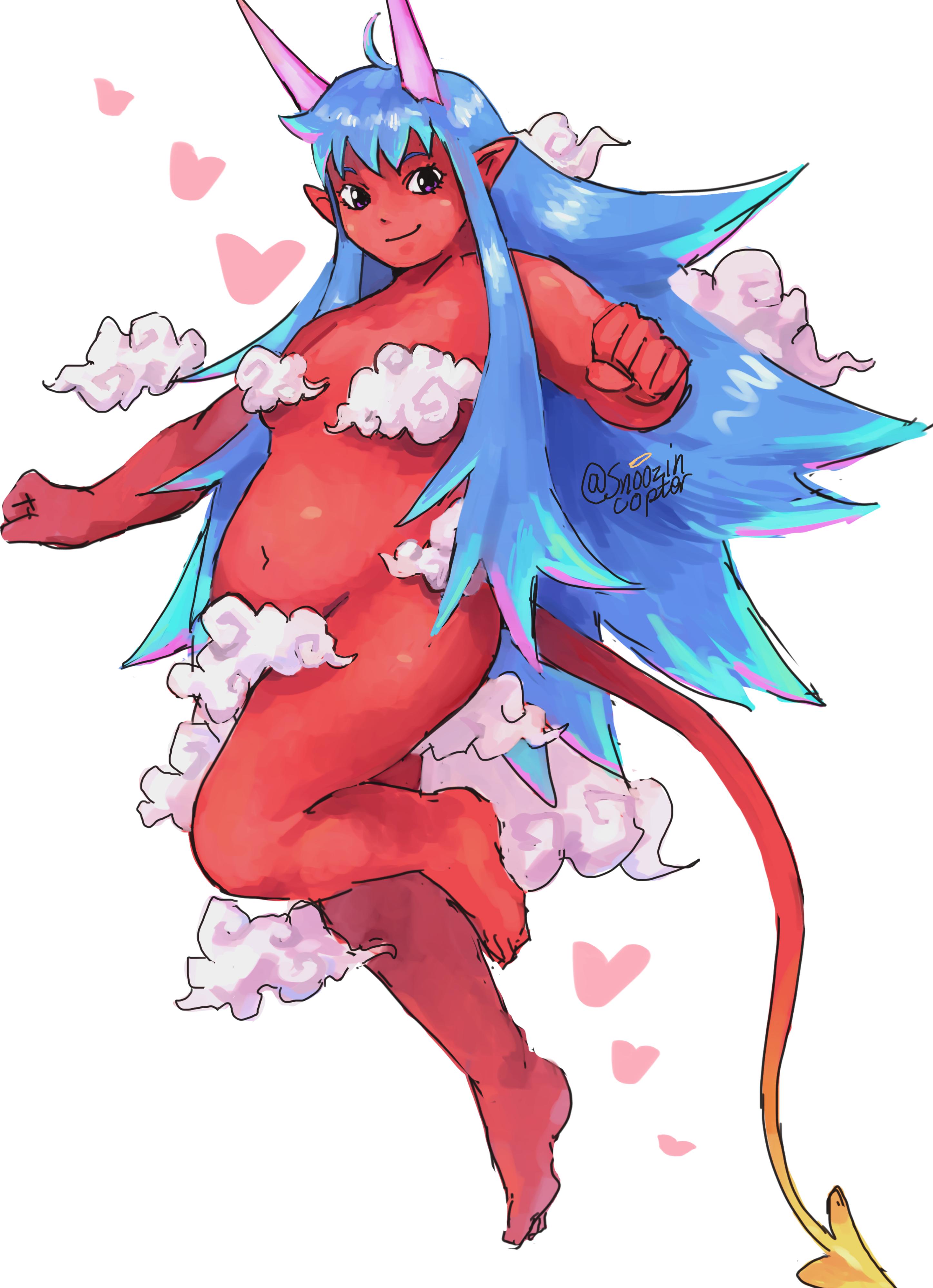 snoozincopter, original, absurdres, commentary, english commentary, highres, 1girl, barefoot, blue hair, breasts, closed mouth, colored skin, completely nude, convenient censoring, demon girl, demon horns, demon tail, eyelashes, full body, heart, horns, long hair, navel, nude, pink horns, plump, pointy ears, purple eyes, red skin, sidelocks, signature, simple background, smile, solo, stomach, tail, twitter username, very long hair, white background