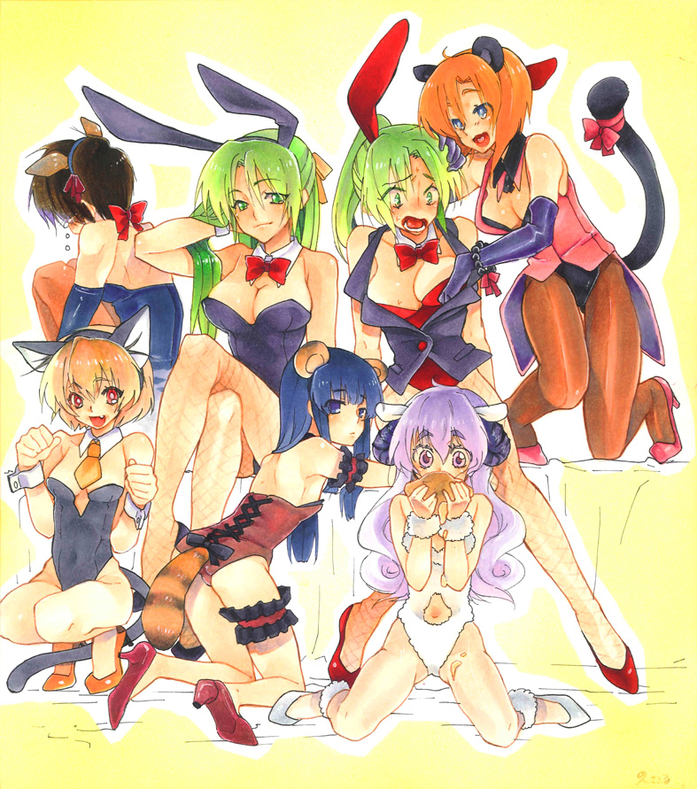 shino satoru, furude rika, hanyuu, houjou satoko, maebara keiichi, ryuuguu rena, sonozaki mion, sonozaki shion, higurashi no naku koro ni, light purple hair, 00s, 1boy, 6+girls, :d, aged up, animal ears, blonde hair, blue eyes, blue hair, breasts, brown hair, cat ears, cat tail, cleavage, cream puff, crossdressing, crossed legs, detached collar, everyone, fake animal ears, fang, fishnet pantyhose, fishnets, food, grabbing another's breast, green eyes, green hair, groping, high heels, kittysuit, large breasts, legs, long hair, male playboy bunny, monster girl, multiple girls, nontraditional playboy bunny, open mouth, orange hair, panther ears, pantyhose, pastry, playboy bunny, rabbit ears, rabbit tail, raccoon ears, raccoon tail, red eyes, ribbon, sheep girl, shoes, short hair, siblings, sisters, sitting, smile, tail, tail ornament, tail ribbon, tailcoat, tears, twins, vest, wrist cuffs, yuri