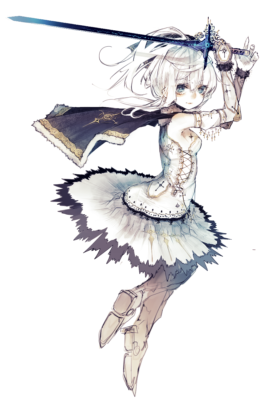 riuichi, original, victory, highres, 1girl, ahoge, armpits, black cape, black hairband, blue cape, blue eyes, blue sword, blush, boots, breasts, cape, choker, closed mouth, crossed arms, detached sleeves, dress, fantasy, floating, frills, from side, full body, gloves, hair ribbon, hairband, holding, holding sword, holding weapon, jewelry, jumping, lace, long sleeves, looking at viewer, ornate weapon, ribbon, short hair, small breasts, smile, solo, standing, sword, twintails, weapon, white background, white dress, white gloves, white hair