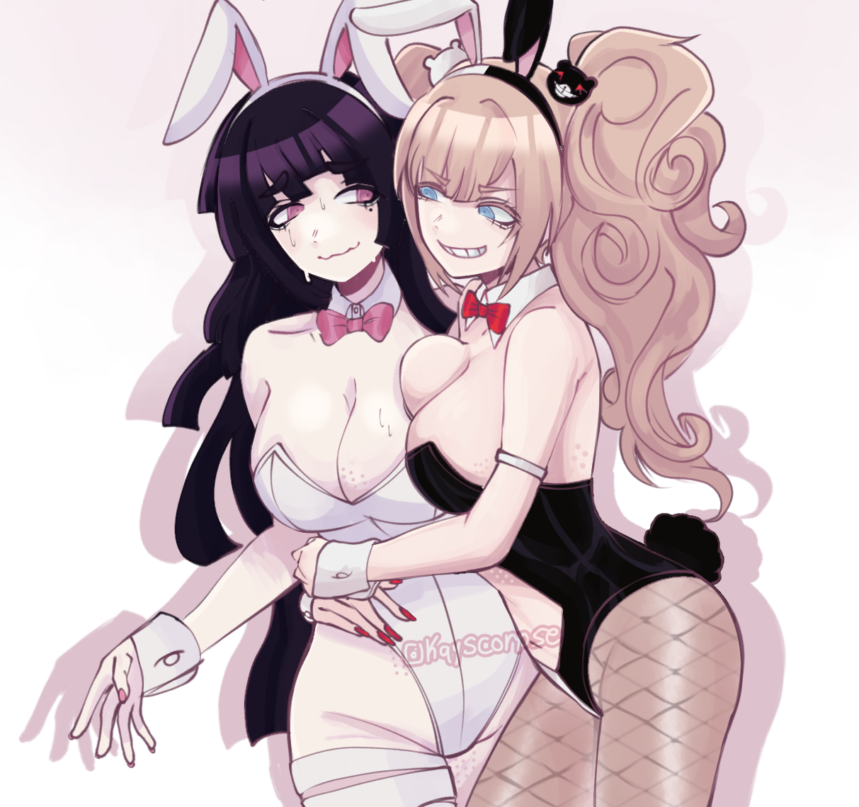 kayscorpse, enoshima junko, tsumiki mikan, danganronpa: trigger happy havoc, danganronpa (series), danganronpa 2: goodbye despair, commentary, english commentary, 2girls, animal ear hairband, animal ears, black leotard, blonde hair, blue eyes, bow, bowtie, breast press, breasts, cleavage, closed mouth, detached collar, drop shadow, eyelashes, fake animal ears, fake tail, fingernails, fishnet pantyhose, fishnets, grin, hairband, hug from side, leotard, long hair, multiple girls, nail polish, nervous sweating, official alternate costume, pantyhose, pink bow, pink bowtie, pink eyes, pink nails, playboy bunny, purple hair, rabbit ear hairband, rabbit ears, rabbit tail, red bow, red bowtie, red nails, simple background, smile, strapless, strapless leotard, sweat, tail, teeth, tumblr username, twintails, two-tone hairband, very long hair, wavy mouth, white background, white hairband, white leotard, wrist cuffs, yuri