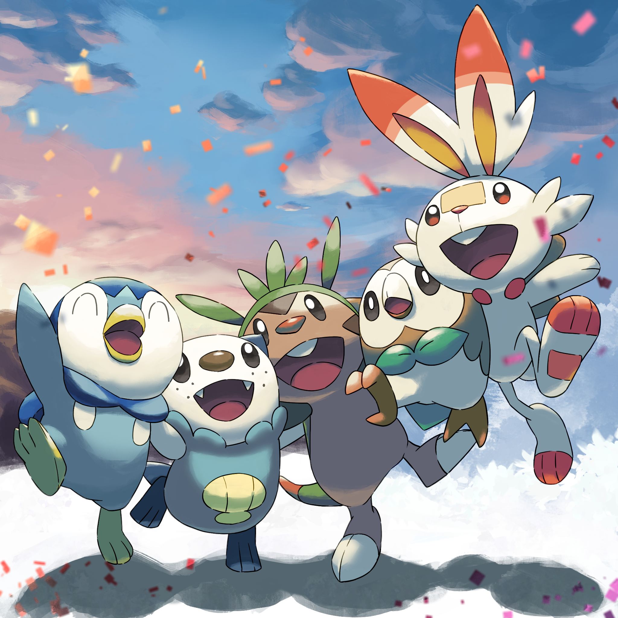 case-k, chespin, oshawott, piplup, rowlet, scorbunny, nintendo, pokemon, commentary request, highres, arm around shoulder, closed eyes, cloud, fangs, full body, gen 4 pokemon, gen 5 pokemon, gen 6 pokemon, gen 7 pokemon, gen 8 pokemon, happy, jumping, no humans, open mouth, outdoors, pokemon (creature)